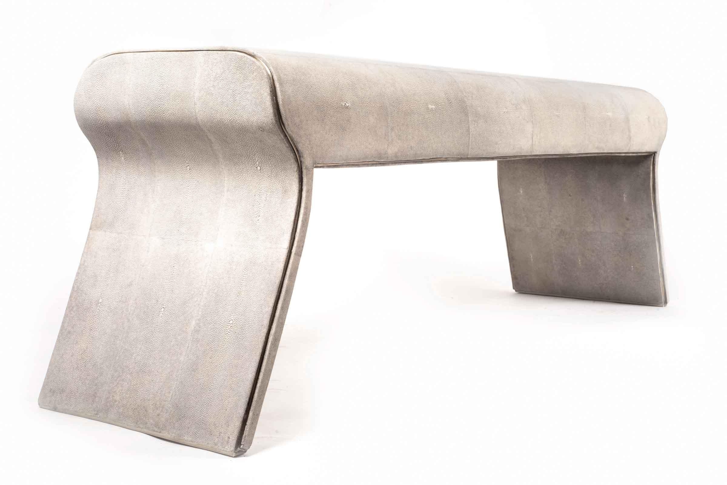 Contemporary Dandy Day Bench in Celadon Shagreen and Bronze-Patina Brass by Kifu, Paris For Sale
