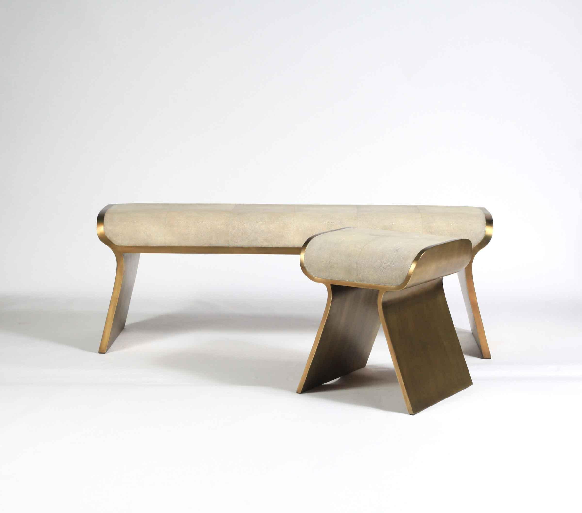 Hand-Crafted Dandy Day Bench in Celadon Shagreen and Bronze-Patina Brass by Kifu, Paris For Sale