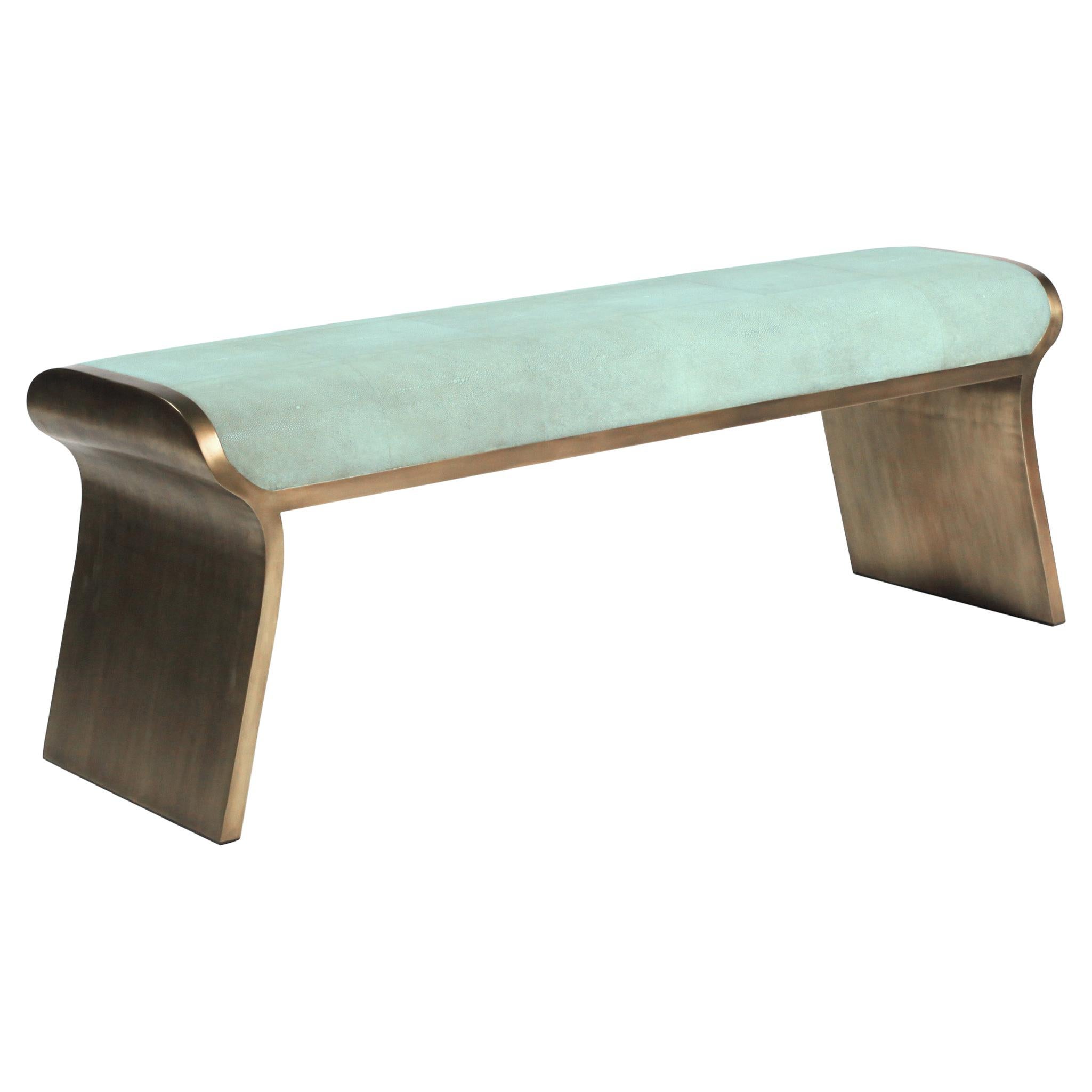 Dandy Day Bench in Celadon Shagreen and Bronze-Patina Brass by Kifu, Paris For Sale