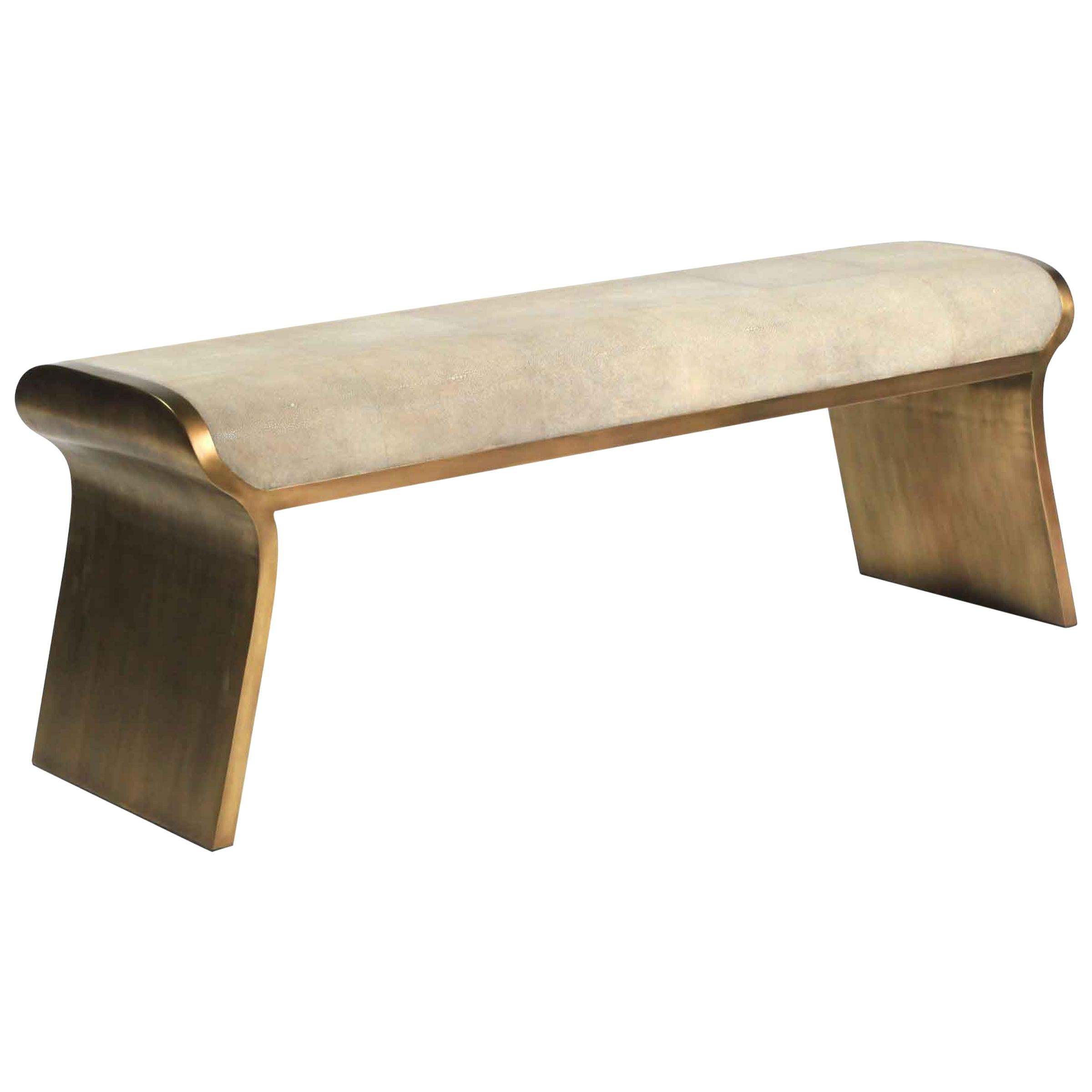 French Dandy Day Bench in Mink Shagreen and Bronze-Patina Brass by Kifu Paris For Sale