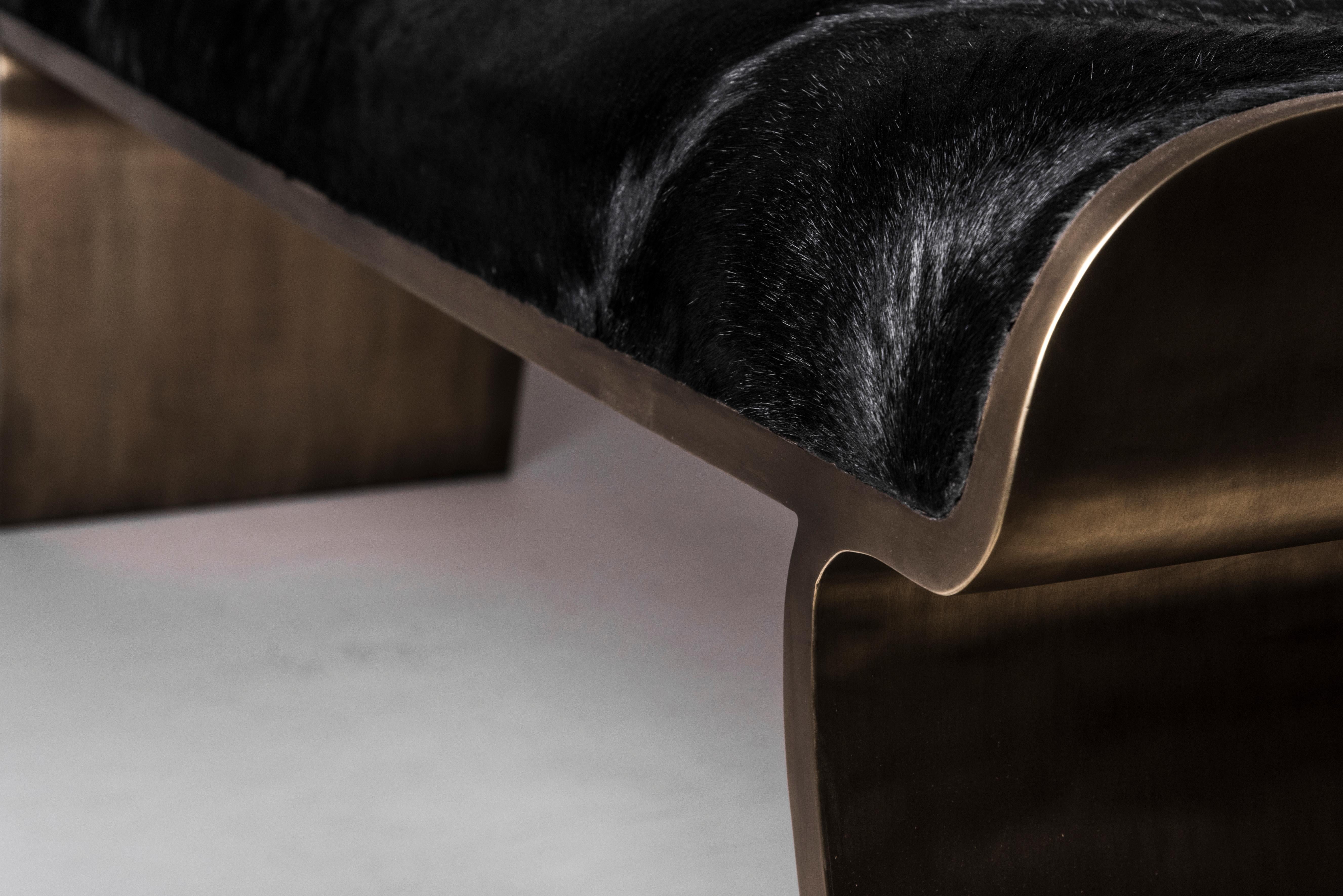 French Dandy Day Bench Upholstered in Black Fur with Bronze-Patina Brass by Kifu Paris For Sale