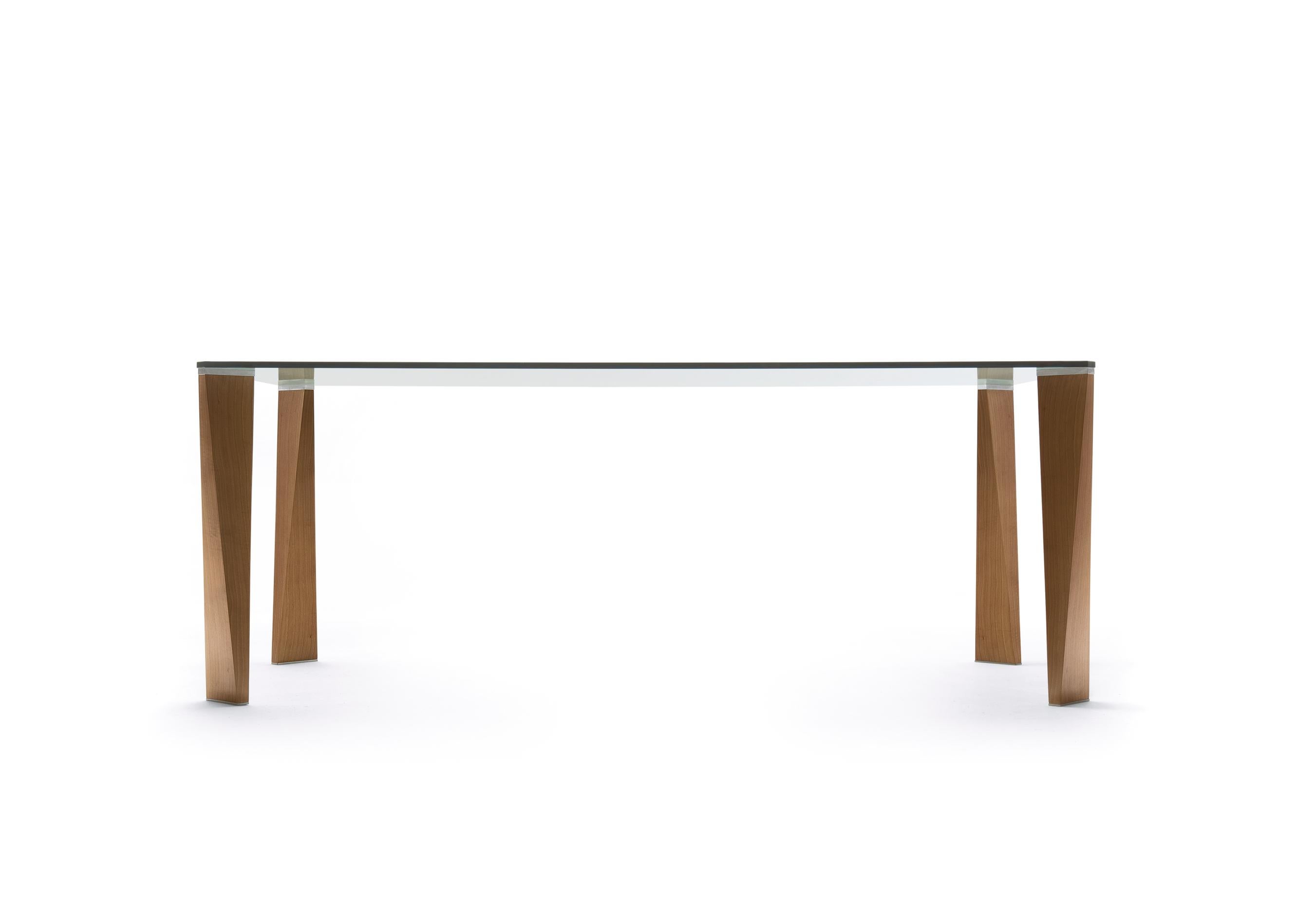 Dining table with top in tempered clear glass. Legs in solid veneered wood and supports in steel.