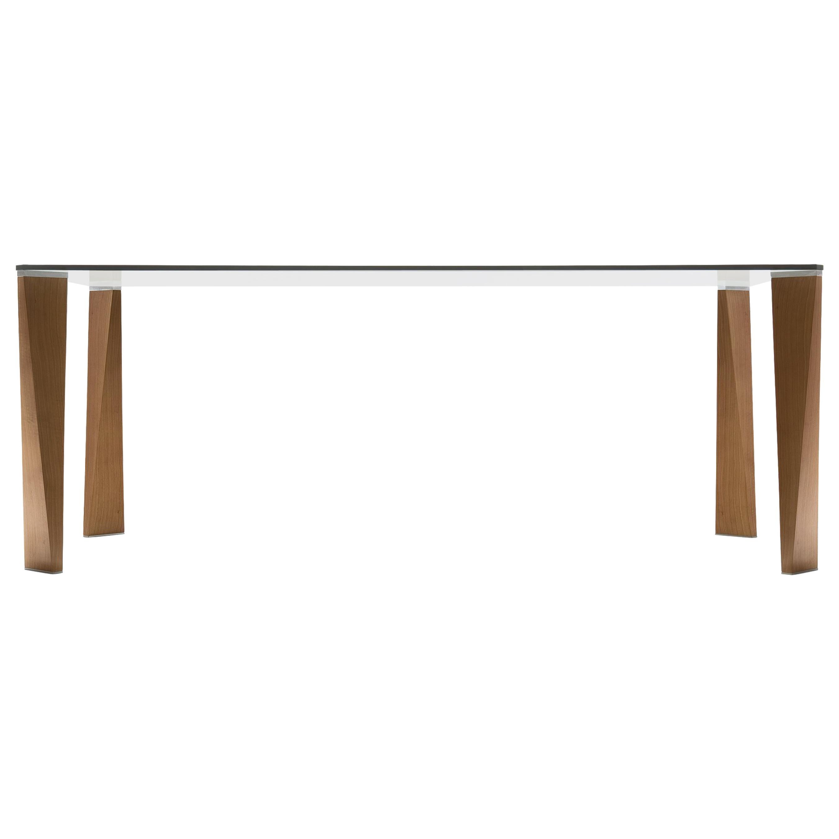 Dandy Dining Table with Brown Veneered Wood Legs & Glass Top, Pacini & Cappellin For Sale