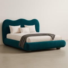 Hand-Crafted Ocean Teal Velvet Queen Bed, Modern Design, USA