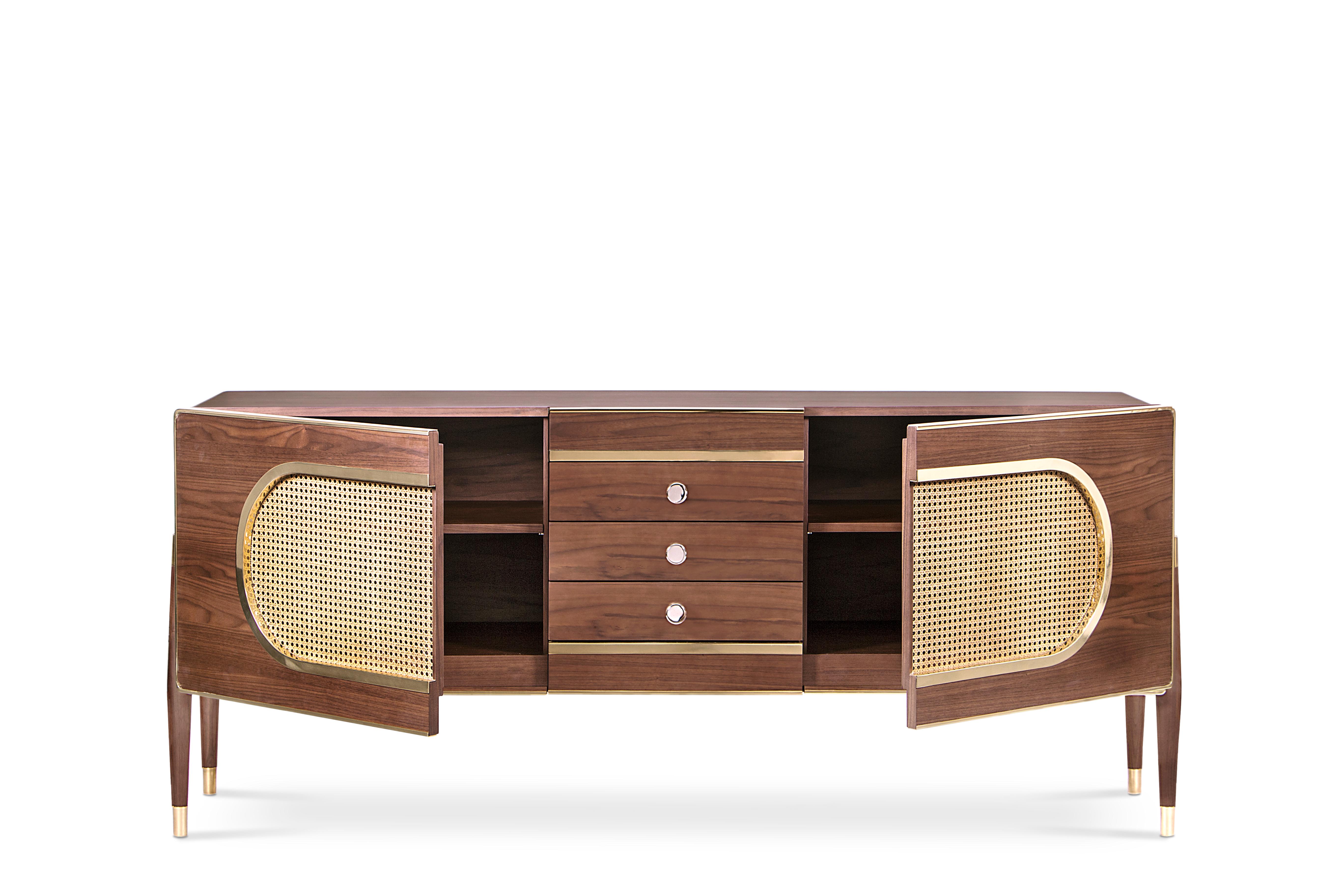 Like vintage radios, this console will make you look twice. No, it’s not a giant radio but a rare wood & gold sideboard. The sleek outline of this unique midcentury modern piece makes you surrender to the Scandinavian design every time you look at