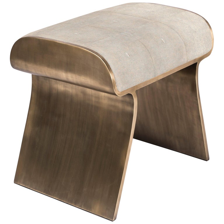 Dandy Stool in Cream Shagreen and Bronze-Patina Brass by Kifu, Paris For Sale