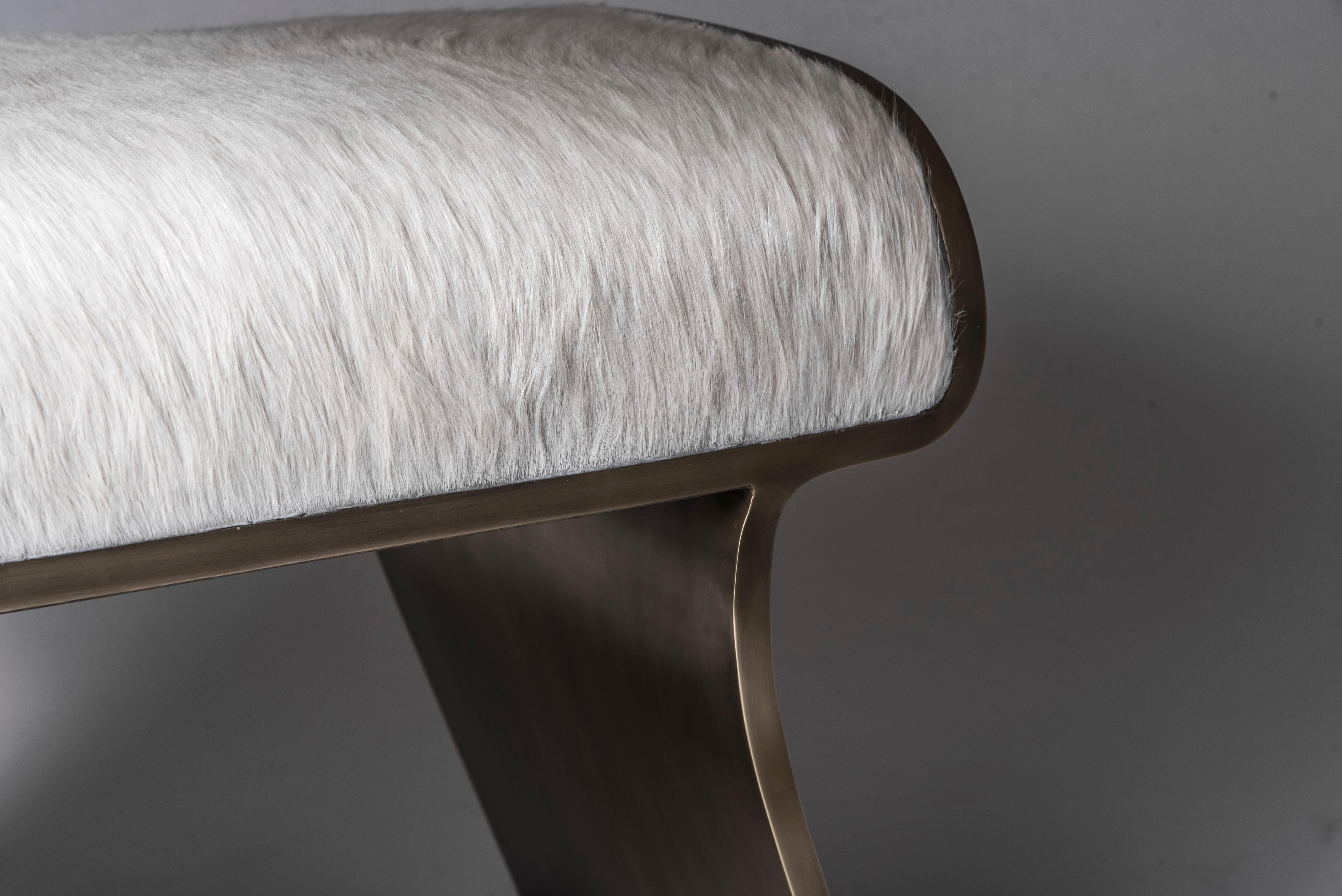 Art Deco Dandy Stool Upholstered in Cream Fur & Bronze-Patina Brass Details by Kifu Paris For Sale