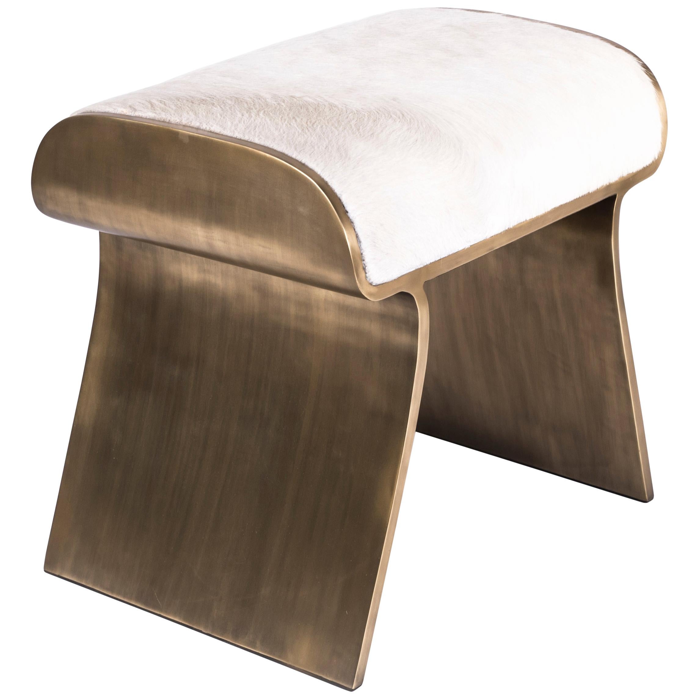 Dandy Stool Upholstered in Cream Fur & Bronze-Patina Brass Details by Kifu Paris