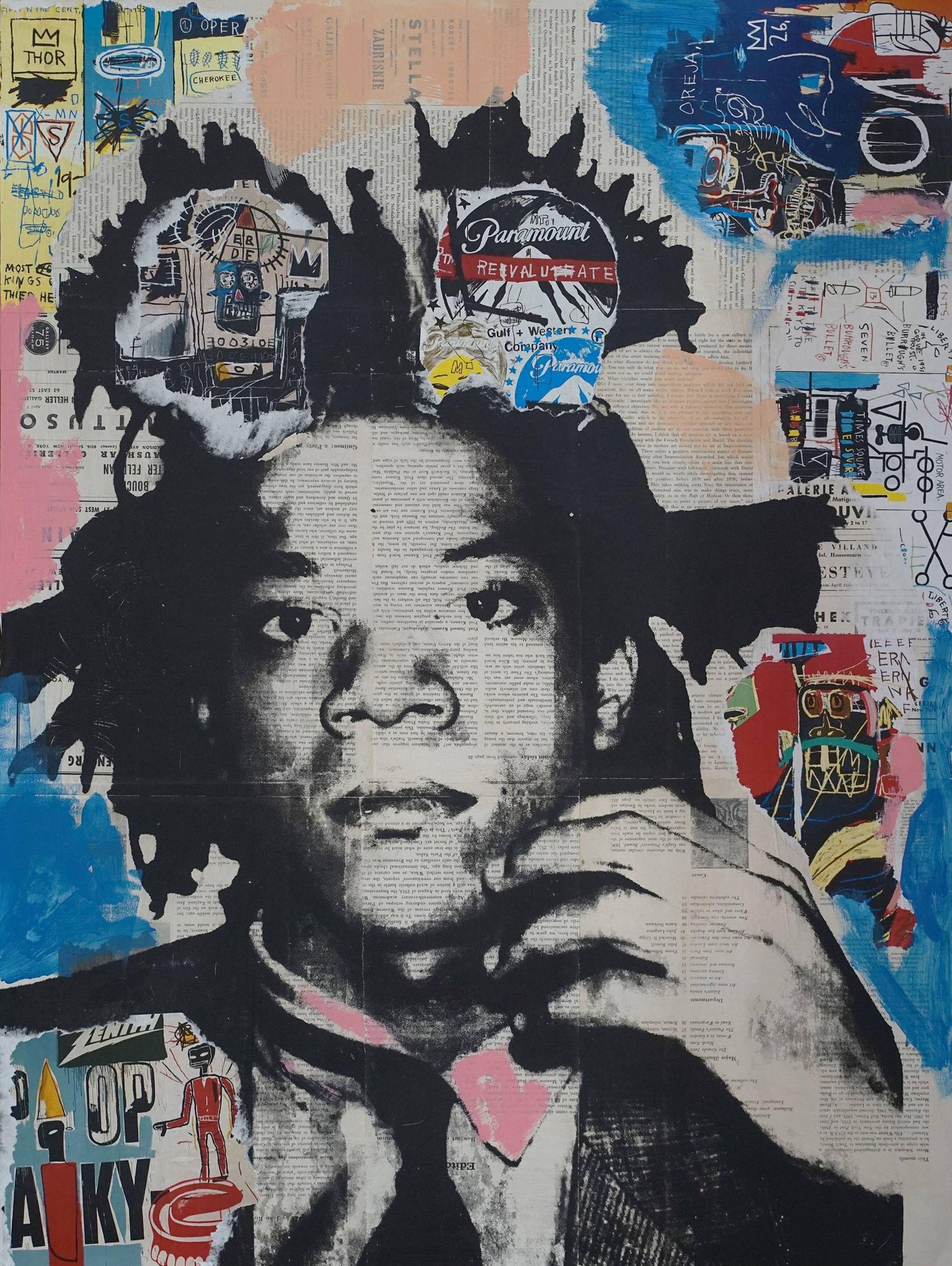 Basquiat, Mischtechnik auf Holzplatte – Mixed Media Art von Dane Shue
