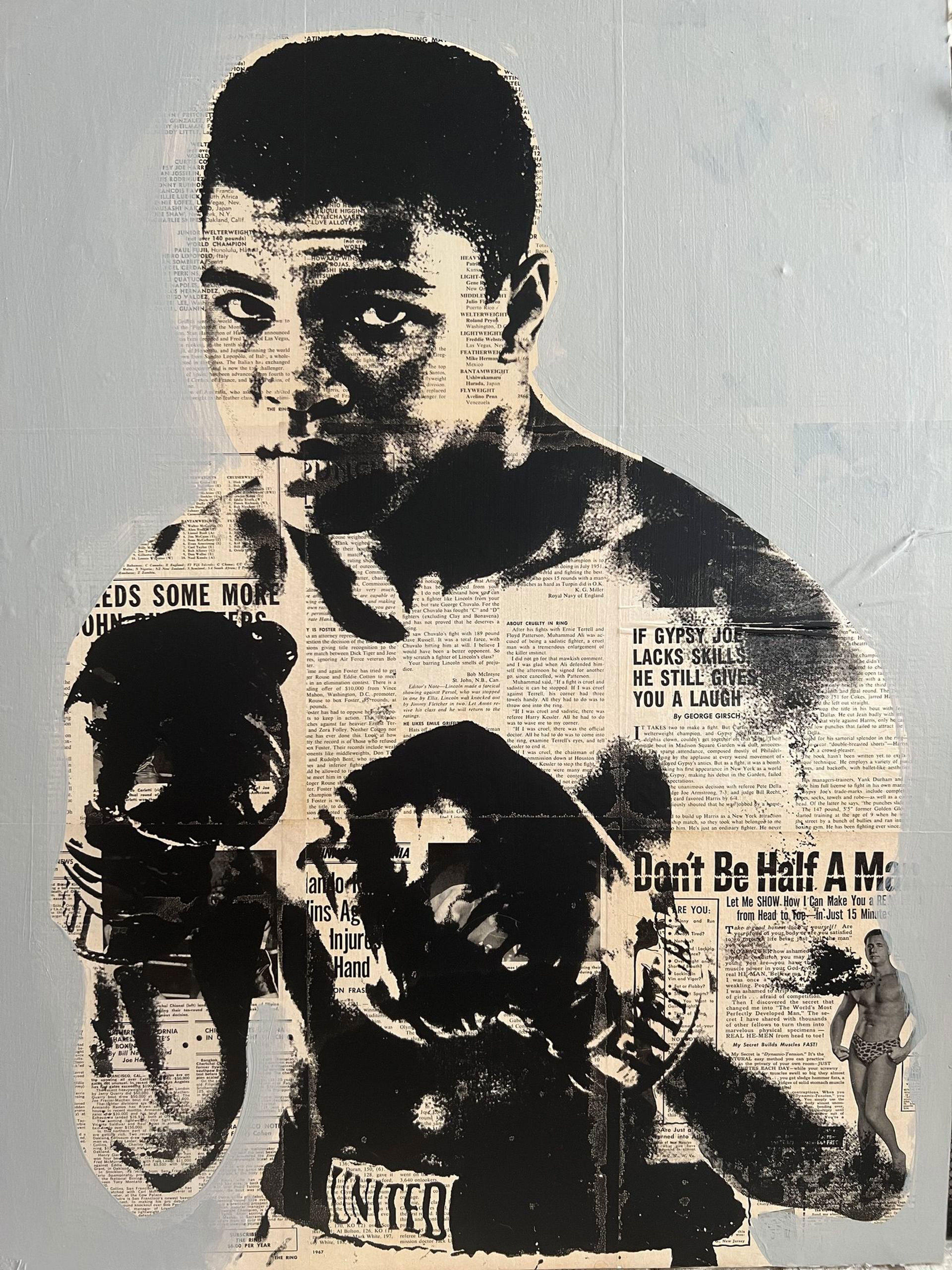 Muhammad Ali, techniques mixtes sur panneau de bois - Mixed Media Art de Dane Shue