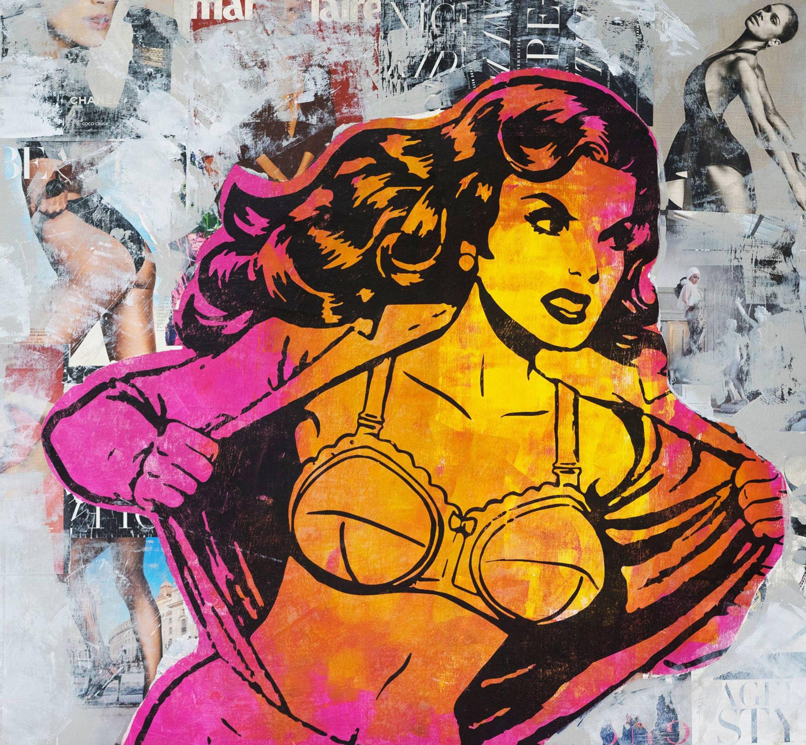Wonder Woman, Mischtechnik auf Holzplatte – Mixed Media Art von Dane Shue