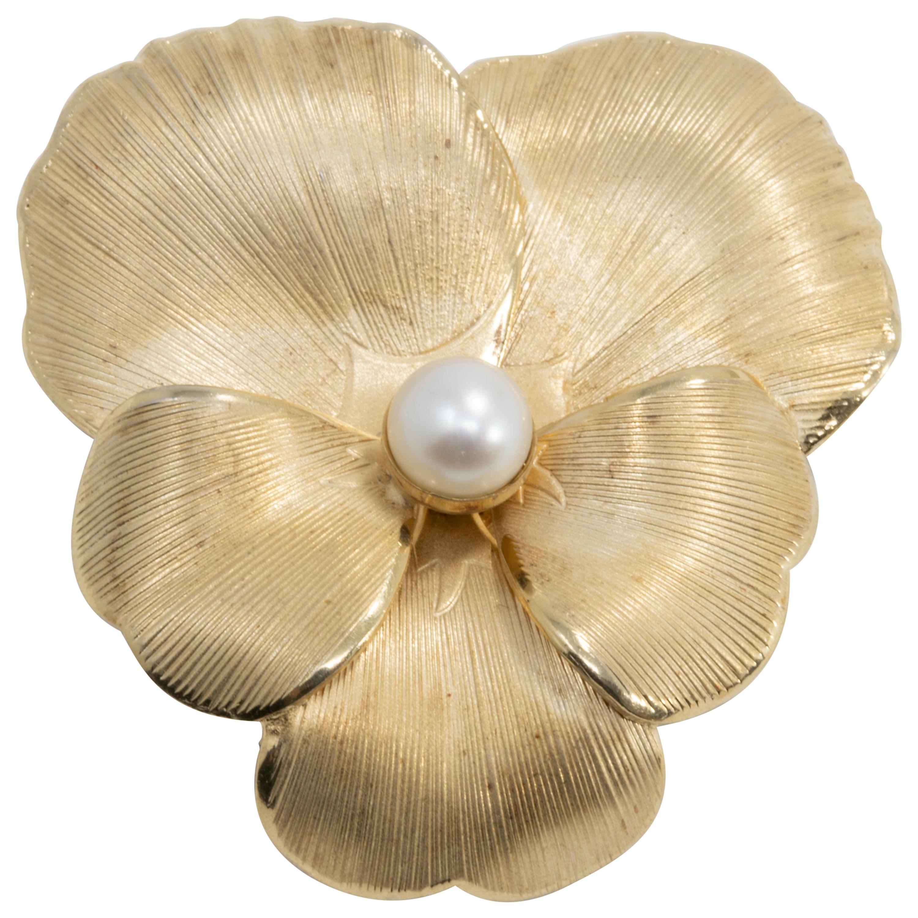 Danecraft Flower Pin Brooch, Textured Gold and Cultured Pearl For Sale