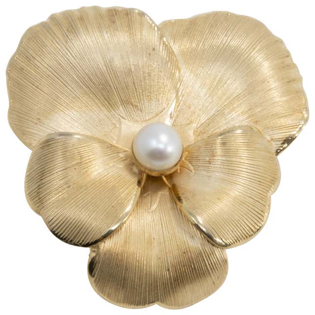 Danecraft Flower Pin Brooch, Textured Gold and Cultured Pearl For Sale ...