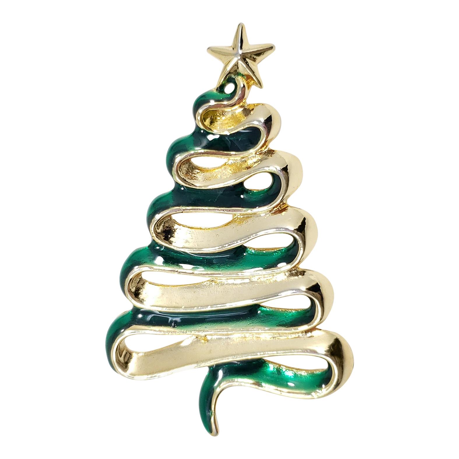 Vintage Signed ART Christmas Tree Brooch With Rhinestones-Gold Tone/Enamel 2.25”