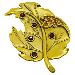 DANECRAFT signed gold tone rhinestones leaf designer brooch