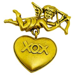 DANECRAFT signé vintage gold tone chérubin dangle heart designer broche