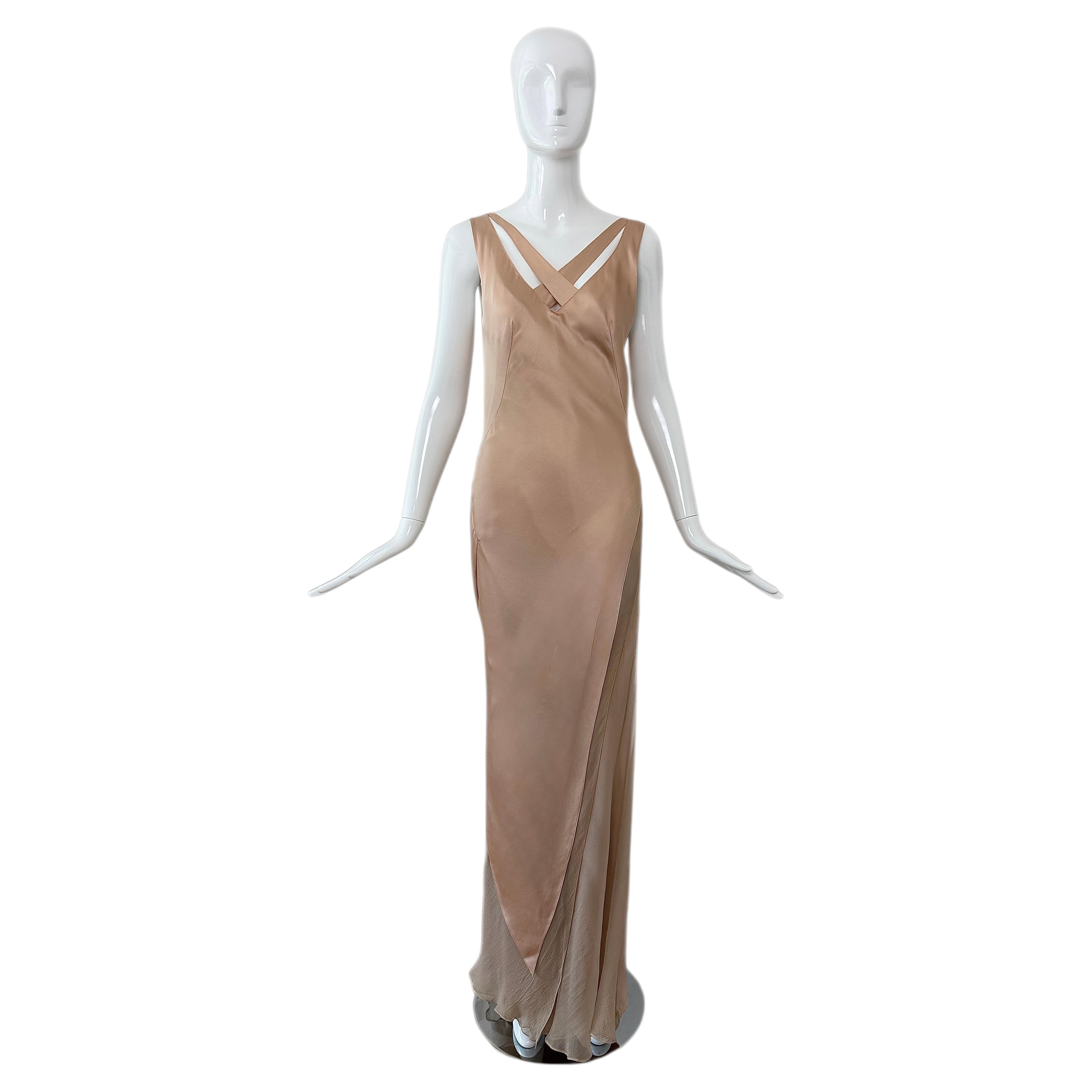 Vestido largo de noche de DANES 2000, estilo vintage, color «True Nude Blush», de gasa de seda líquida