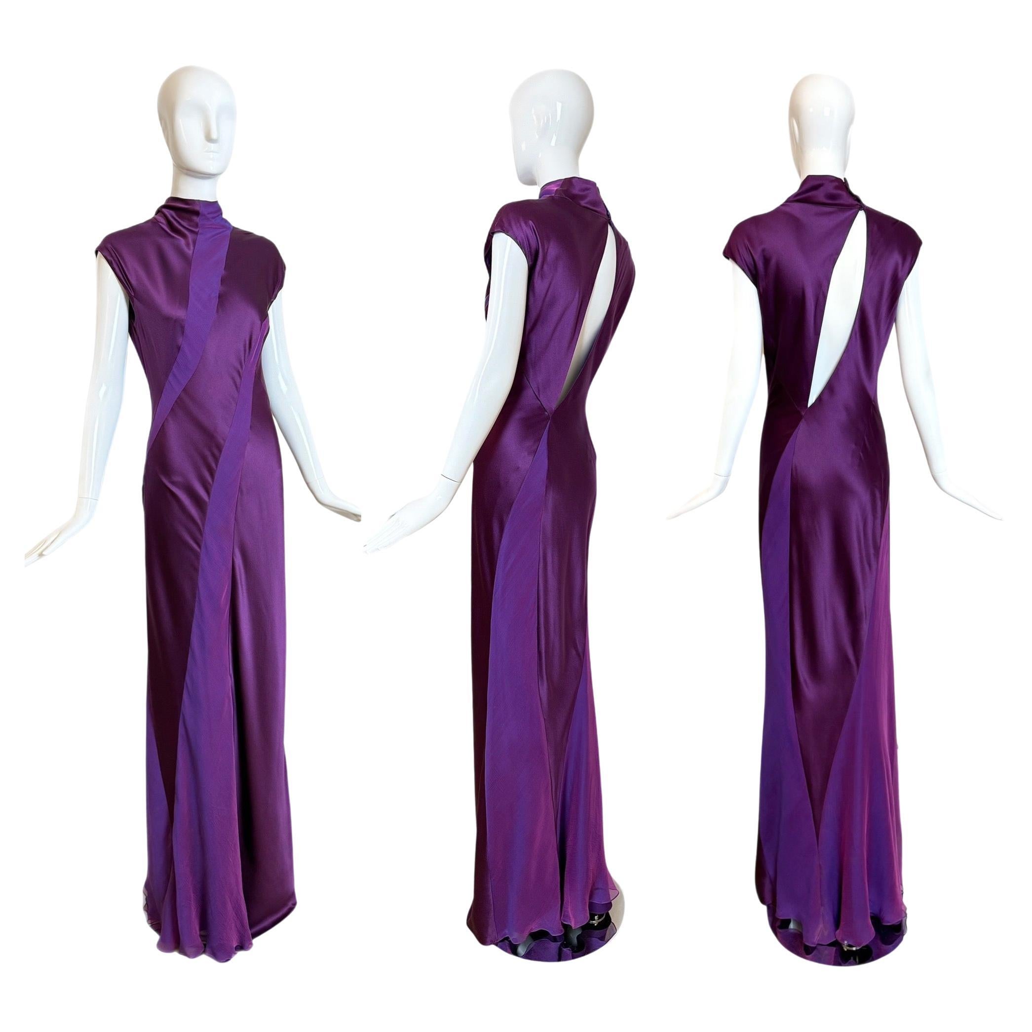 DANES Vintage Purple Iridescent Silk Back Cut-Out Evening Gown Maxi Dress