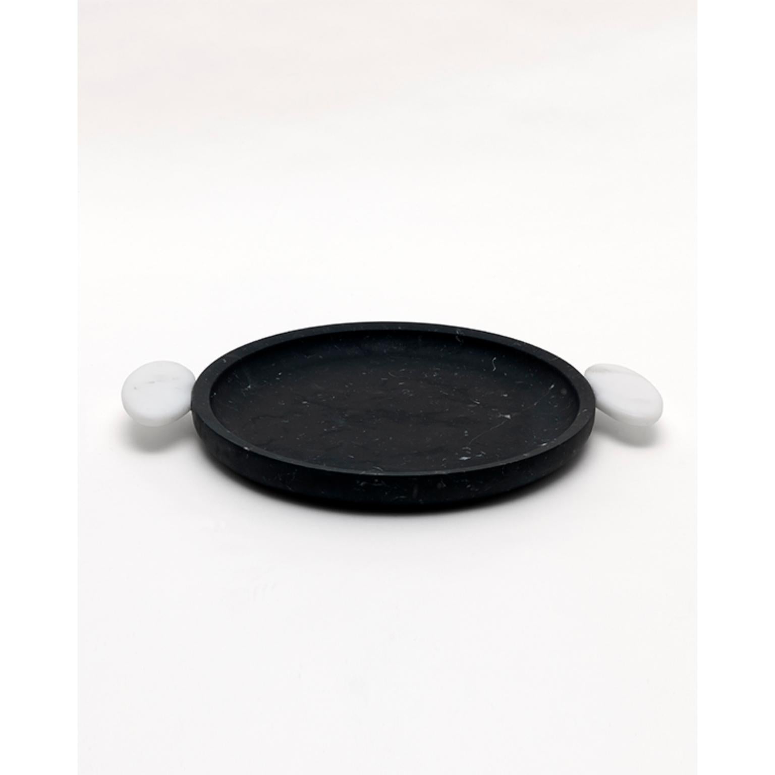 Danese marble tray Matteo Cibic
Dimensions: 40.7 x 30 x 4 cm
Materials: Nero Marquinia, Bianco Michelangelo

Please note that the Cibic pieces with “ears” or tray handles are ornamental and not functional. 
Use them can cause breaks and is