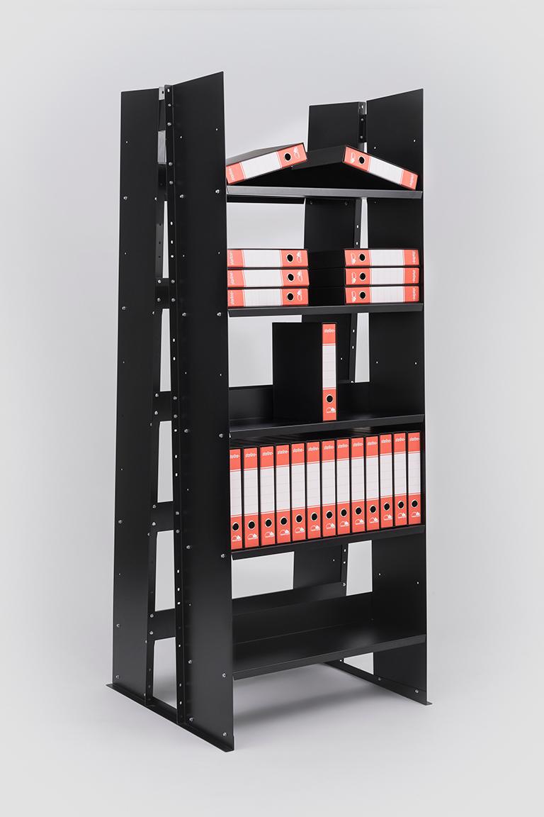 Black Gran Livorno self standing is a freestanding bookcase. The piece consists of two shelving units leaning against one another back-to-back and lends itself to be used not only as a bookcase but as a room divider to define different living