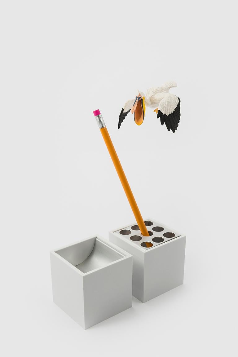 White Maiorca is a pencil and paperclip holder with fire resistant melamine shell and anodized aluminium interior fumé.

Bruno Munari was one of the most important Italian architects, artists and designers of the 20th Century. Born in Milan in
