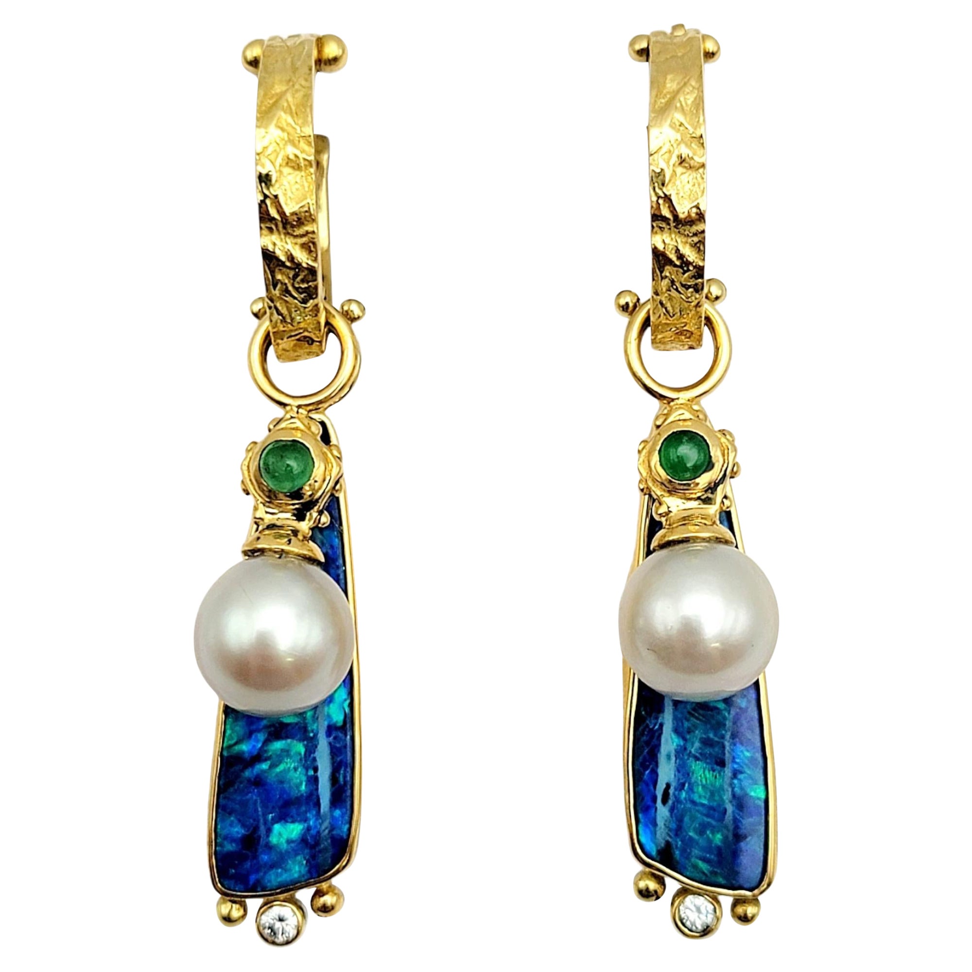Dangle 18 Karat Gold Earrings with Opals, Pearls and Diamonds Interchangeable