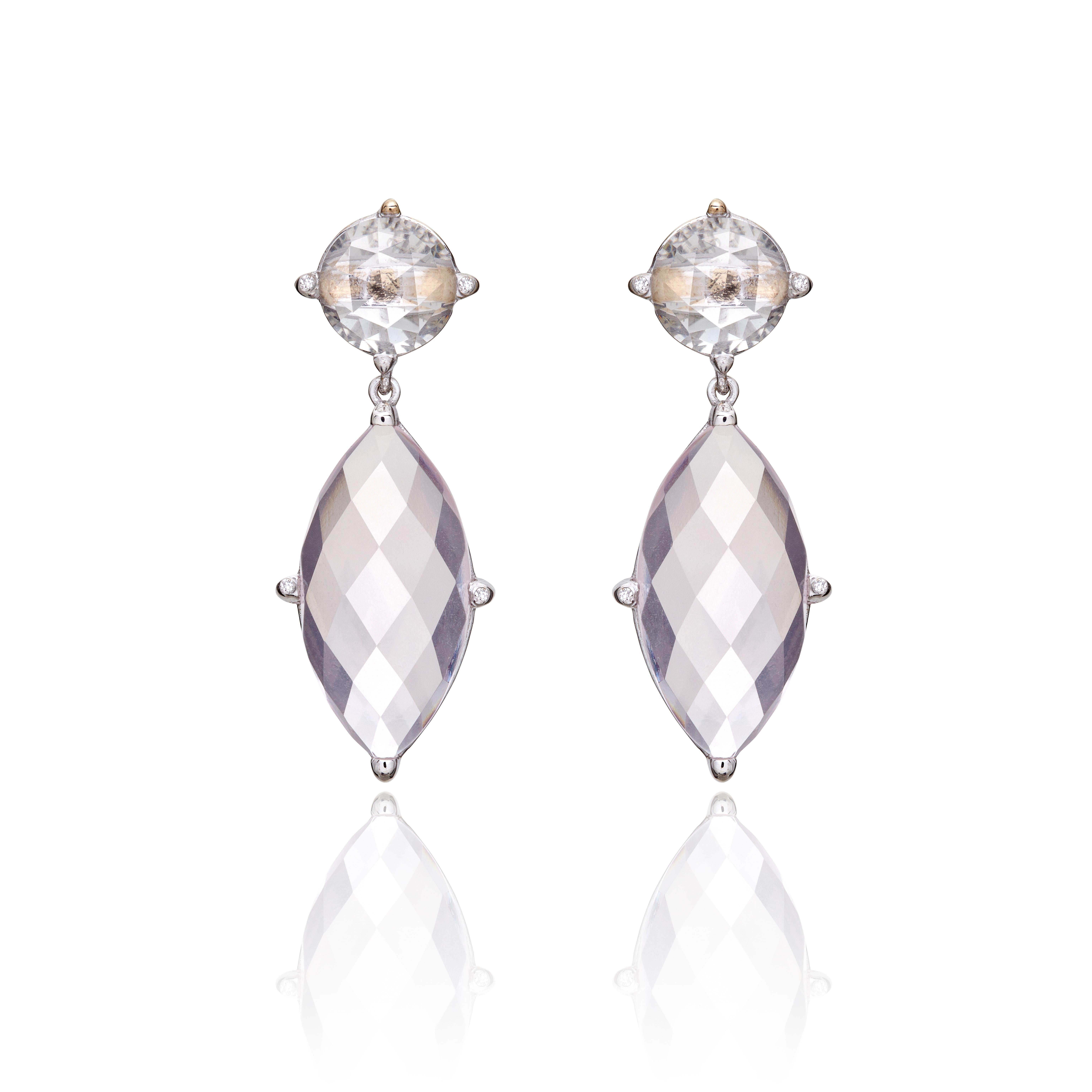 Marquise Dangling Sparkly Earrings ,with Royal white and rose Quartz and Diamonds! Handcrafted in 18 kt white gold and designed to be comfortable and easy to wear.
This is ONE OF A KIND earrings are for those that dare to be different, and it's sure