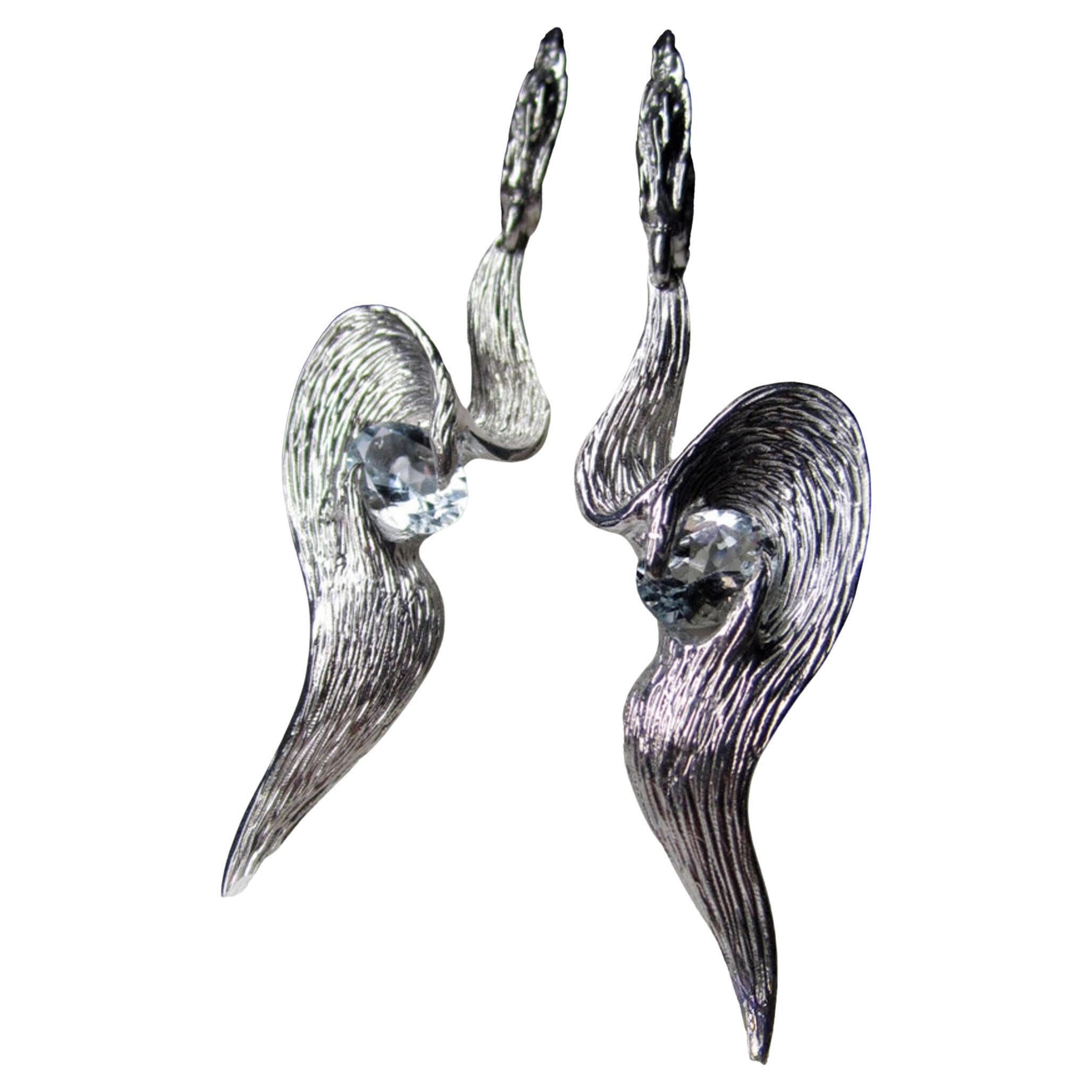 Pendants d'oreilles aigue-marine en argent Gem Report Classic en forme d'ailes en béryl bleu ovale