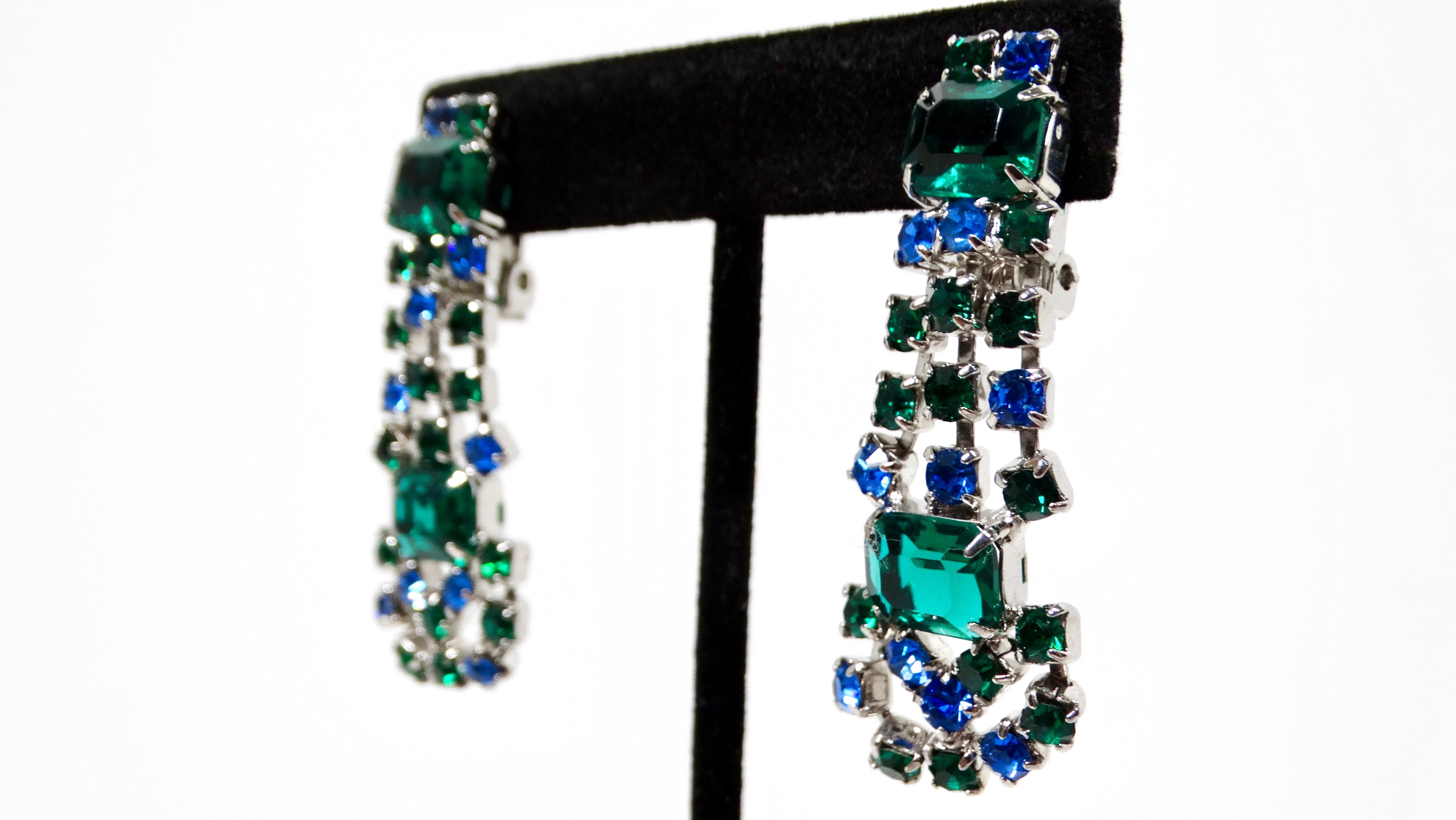 Boucles d'oreilles clips en argent avec pierres bleues et vertes en forme de pampilles Bon état - En vente à Scottsdale, AZ