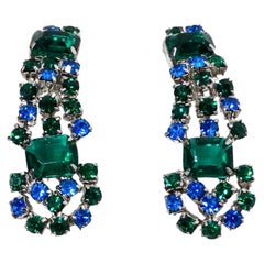 Blaue und grüne Strass-Ohrringe mit Clip-On in Silber-Ton