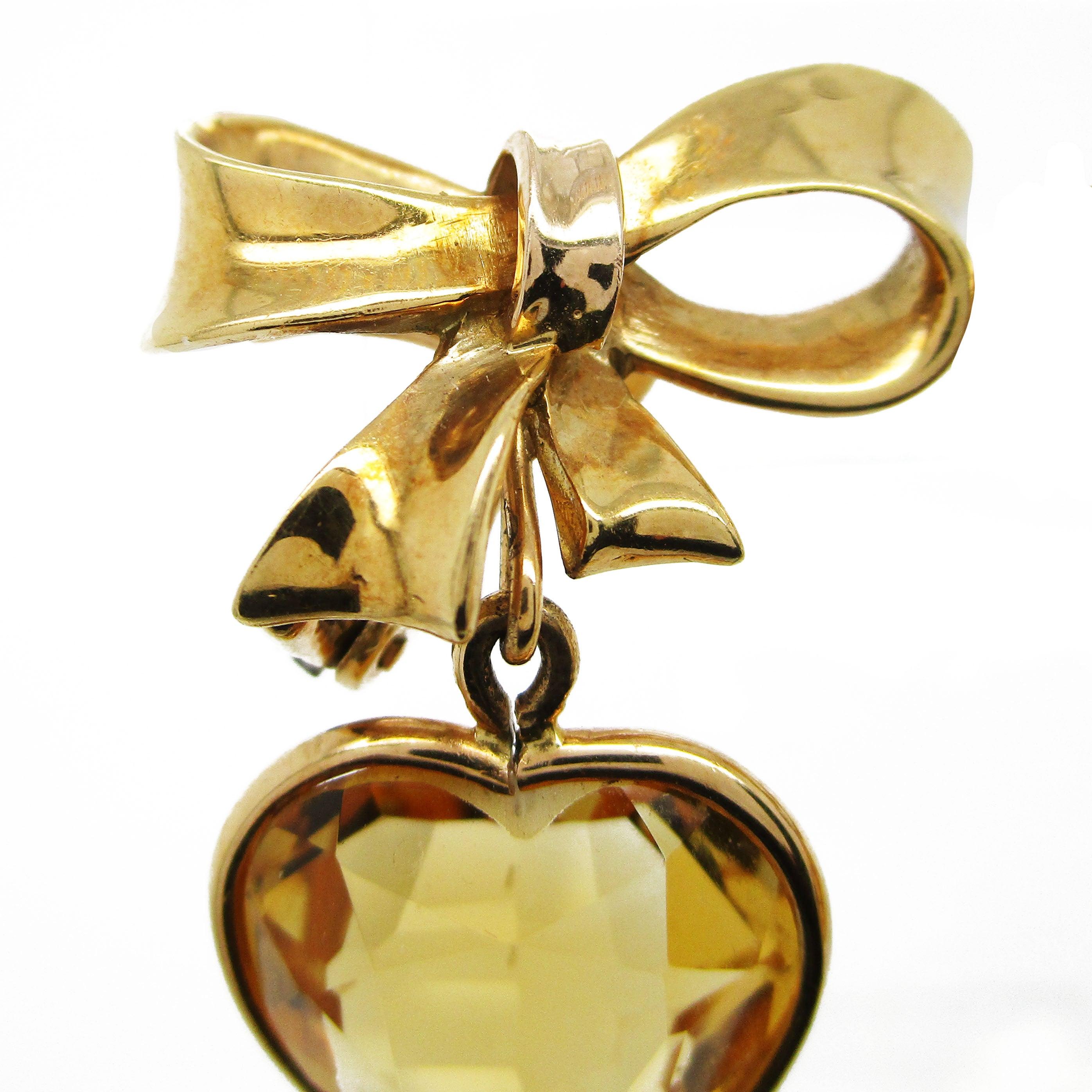 Retro Dangle Citrine Yellow Gold Heart Earrings