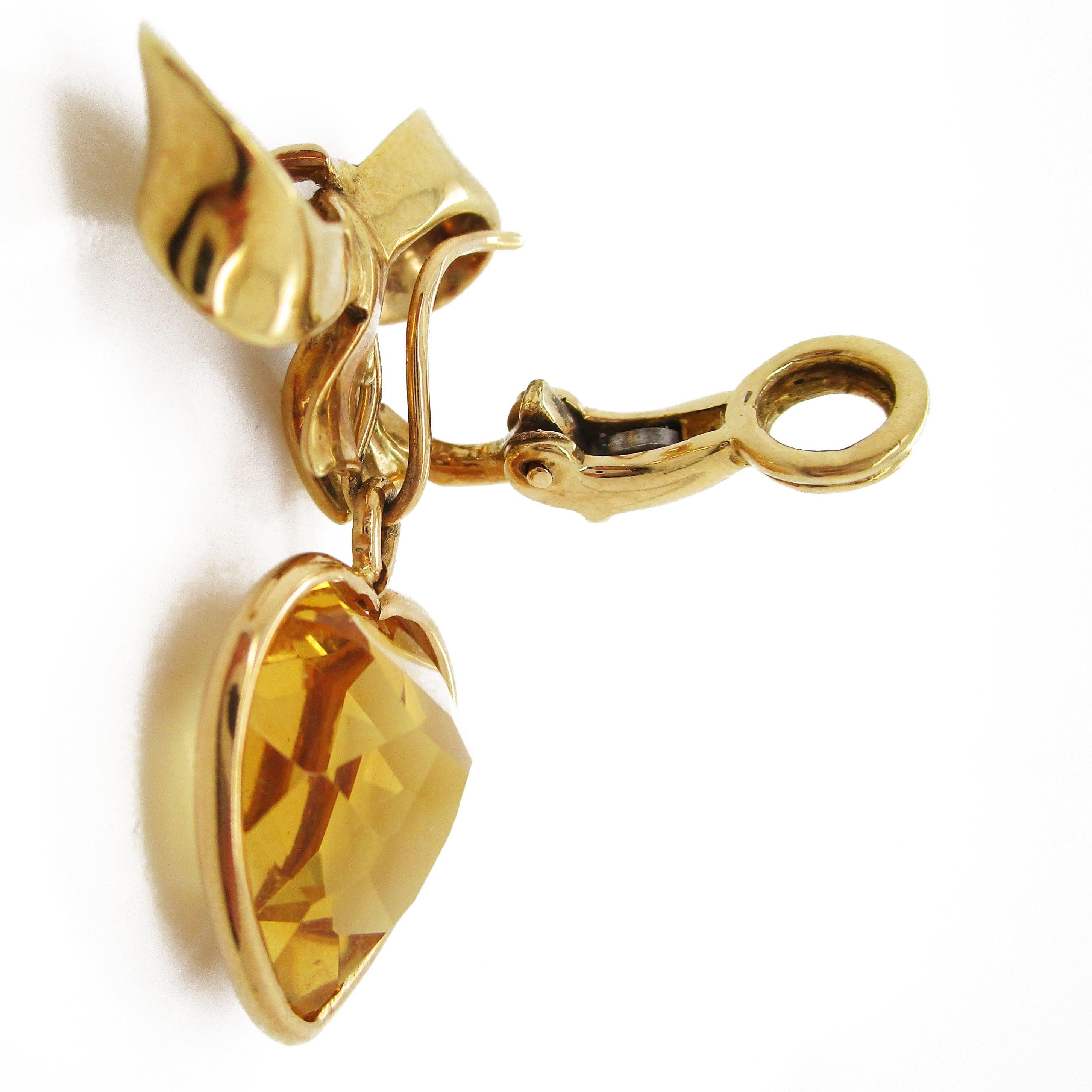 Heart Cut Dangle Citrine Yellow Gold Heart Earrings