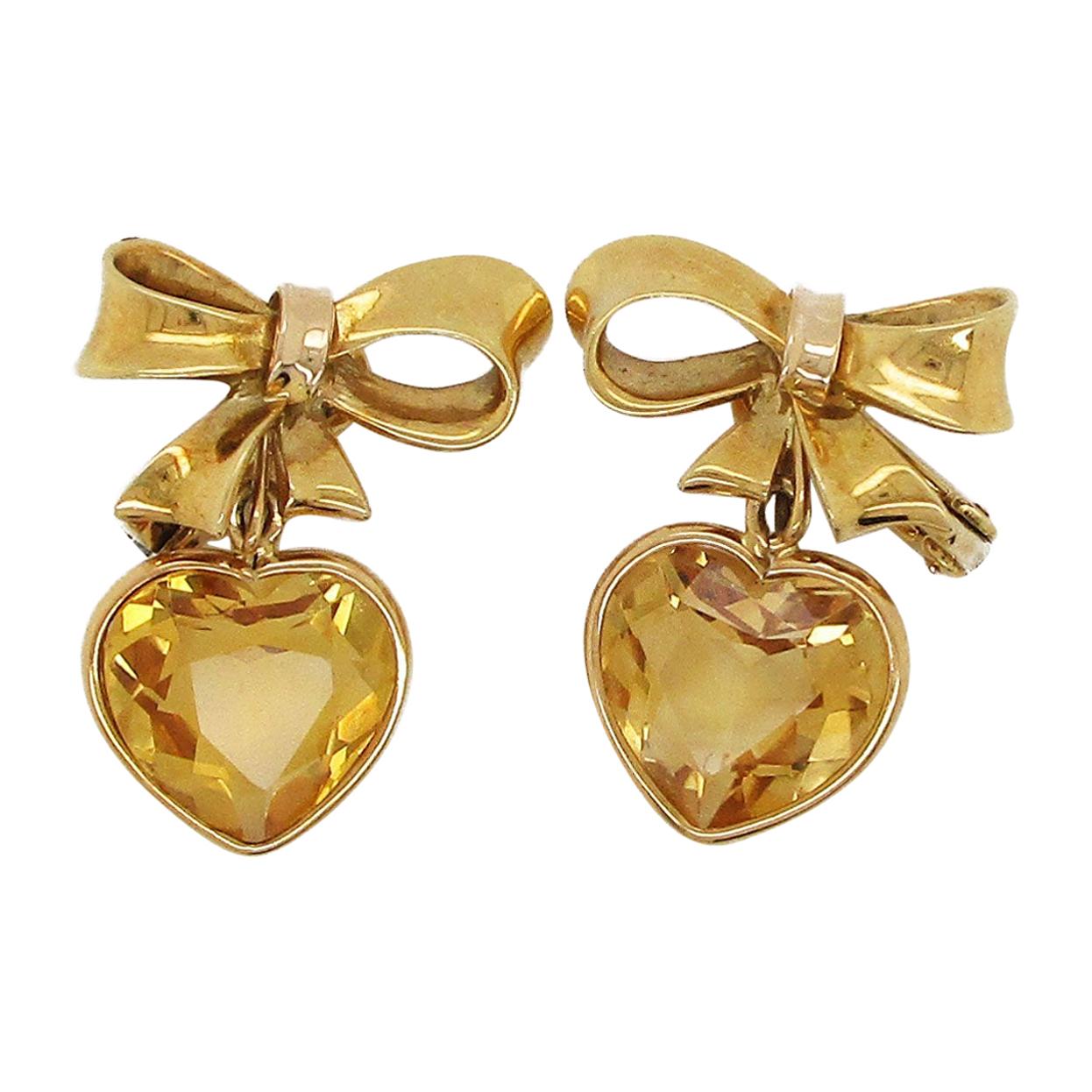 Dangle Citrine Yellow Gold Heart Earrings