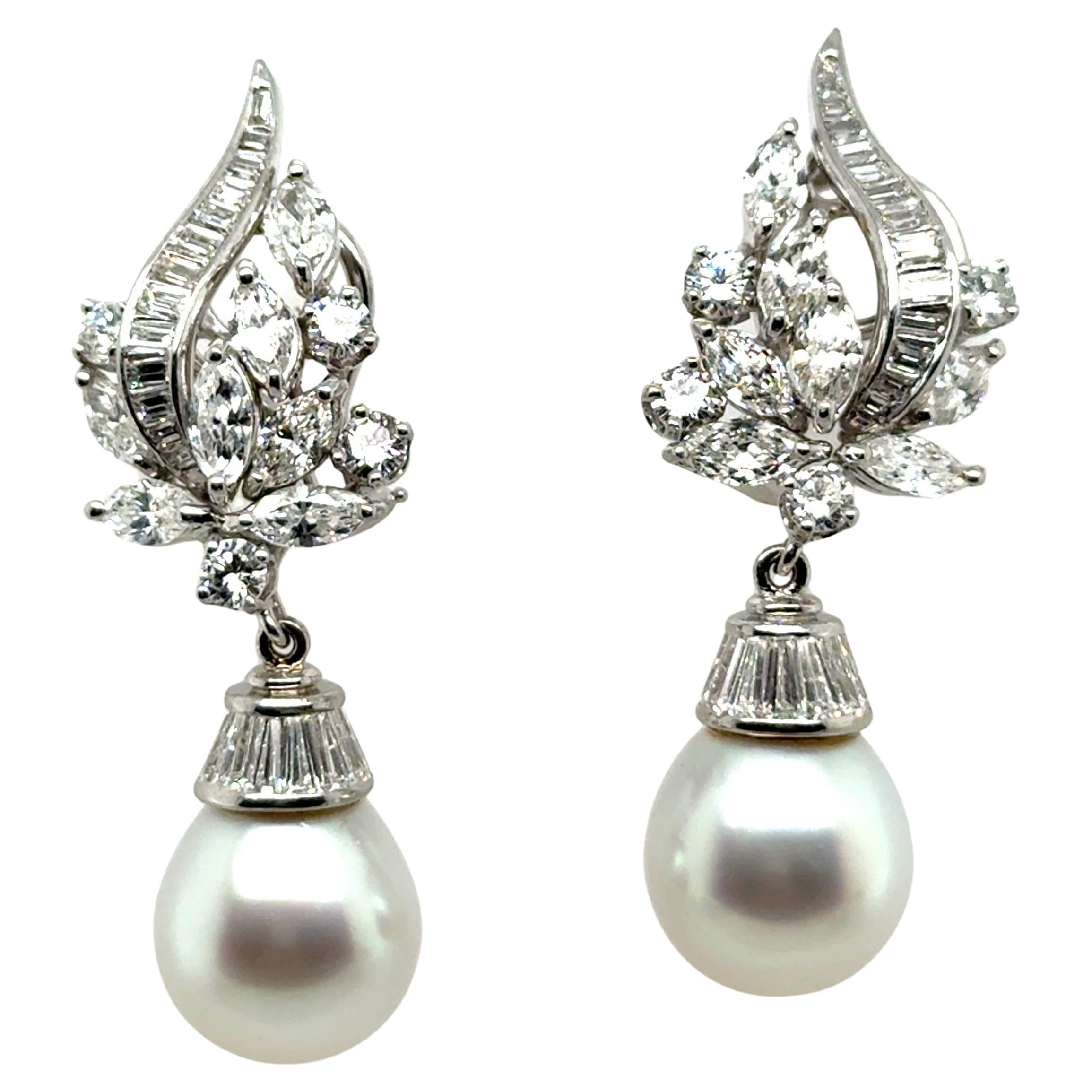 Dangle "Day & Night" Earrings with Diamonds & South Sea Pearls in Platinum For Sale