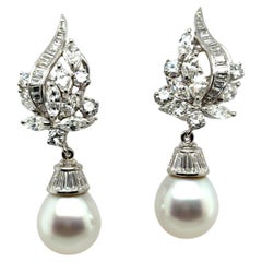 Dangle "Day & Night" Earrings with Diamonds & South Sea Pearls in Platinum