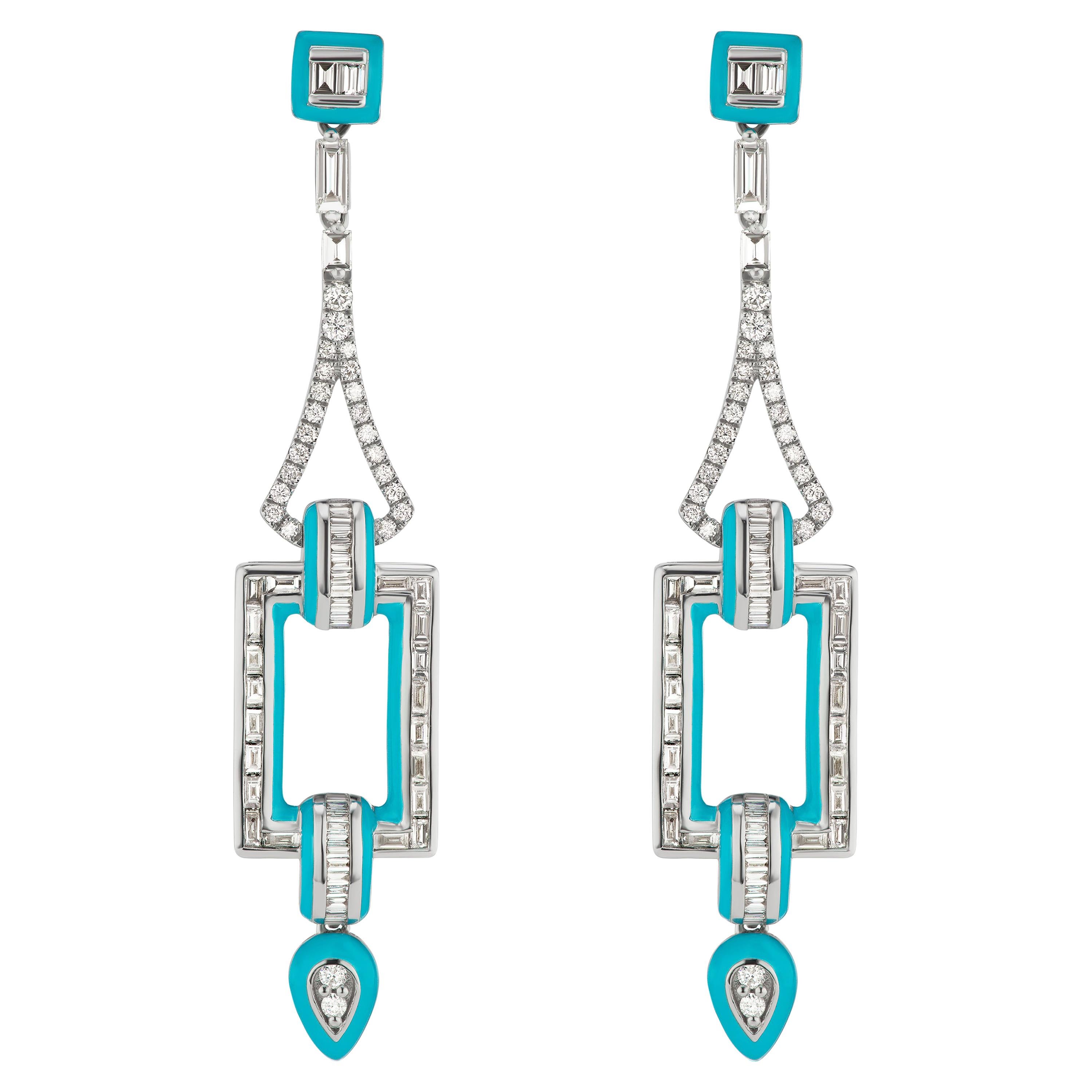Dangle Diamond Earring in 18 Karat White Gold with Enamel