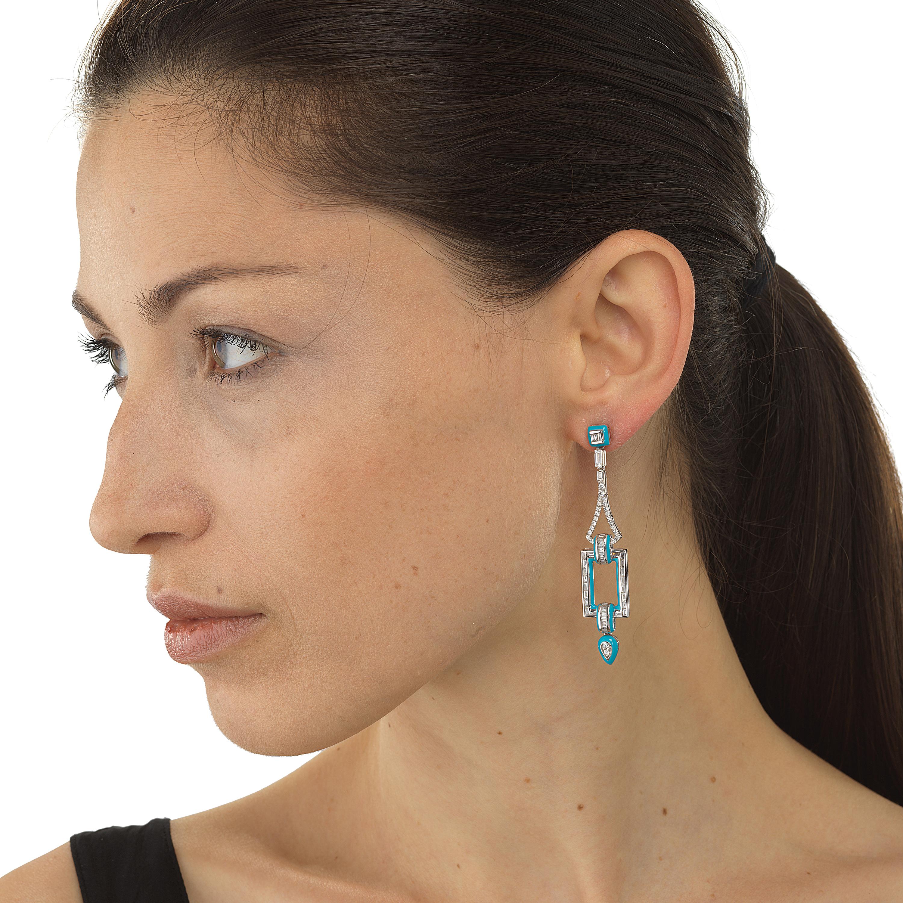 Baguette Cut Dangle Diamond Earring in 18 Karat White Gold with Enamel