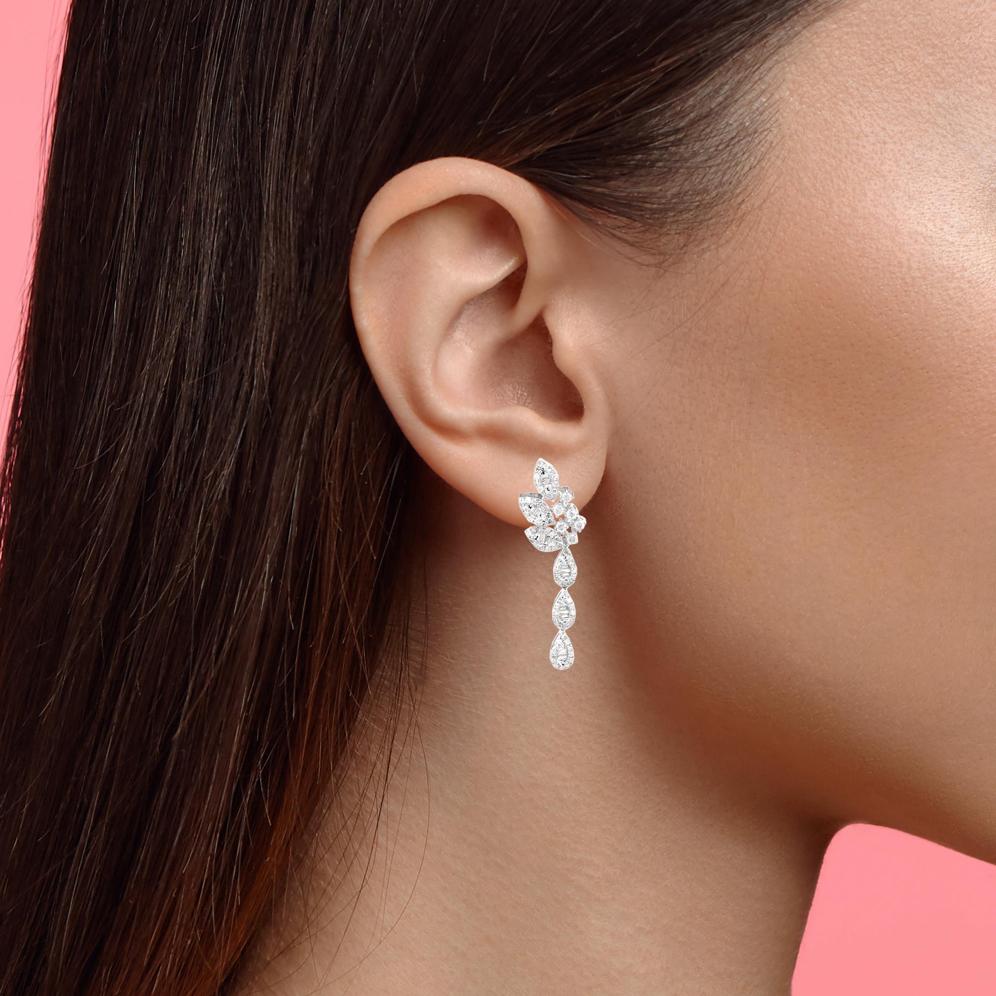 Lange Ohrringe mit Diamant-Ohrring aus echtem 14k Weißgold Damen im Angebot