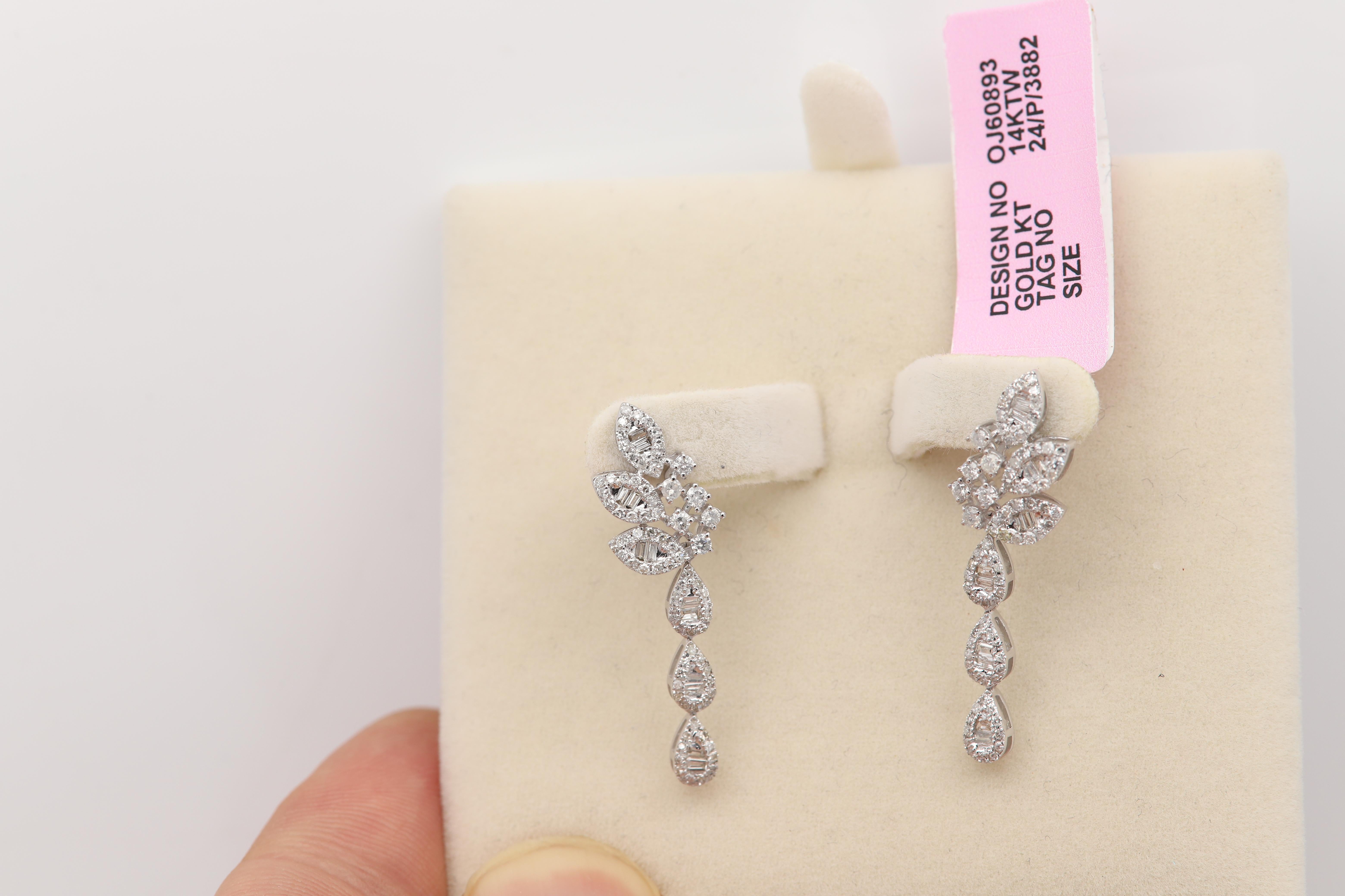 Lange Ohrringe mit Diamant-Ohrring aus echtem 14k Weißgold im Zustand „Neu“ im Angebot in Brooklyn, NY