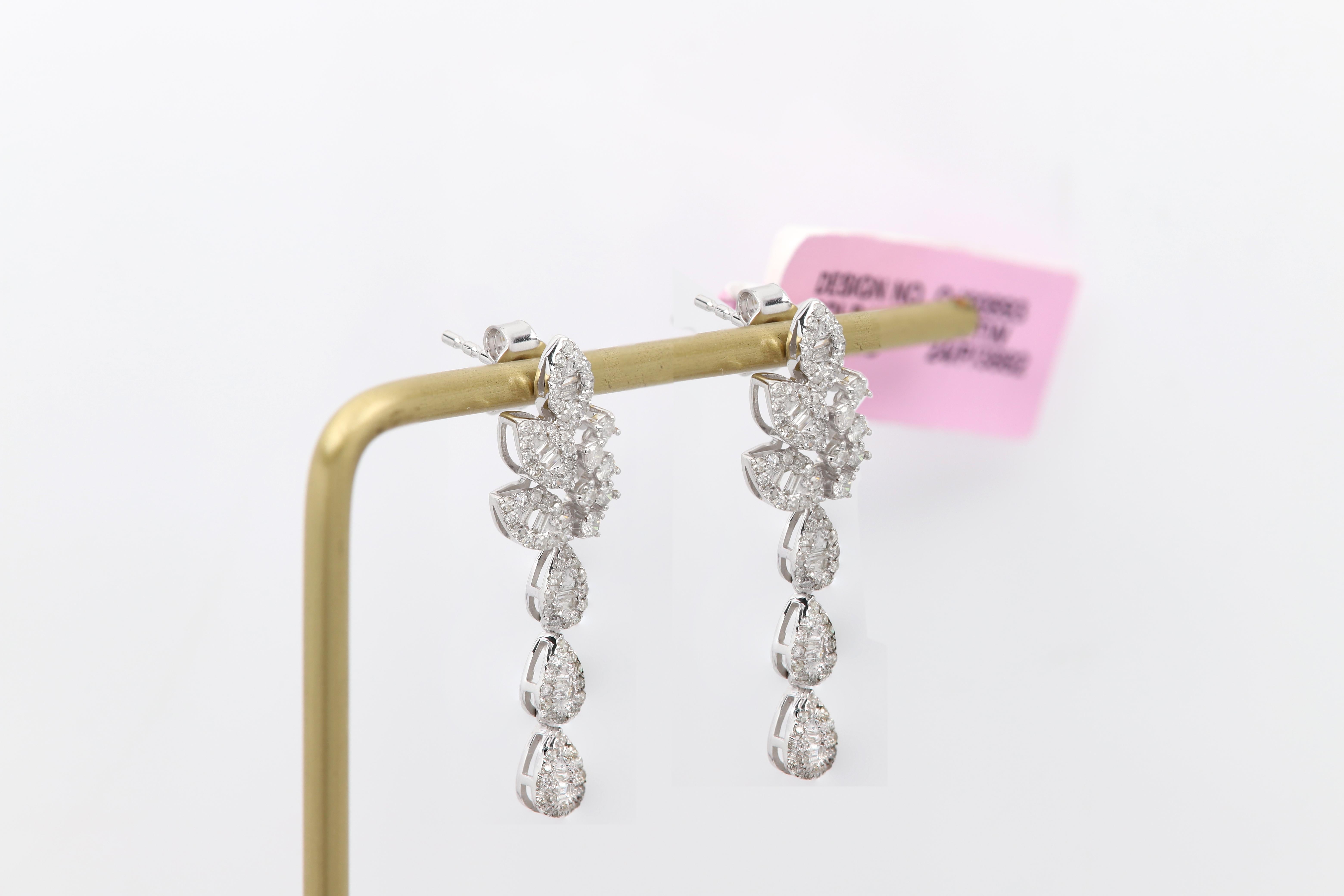 Lange Ohrringe mit Diamant-Ohrring aus echtem 14k Weißgold im Angebot 1