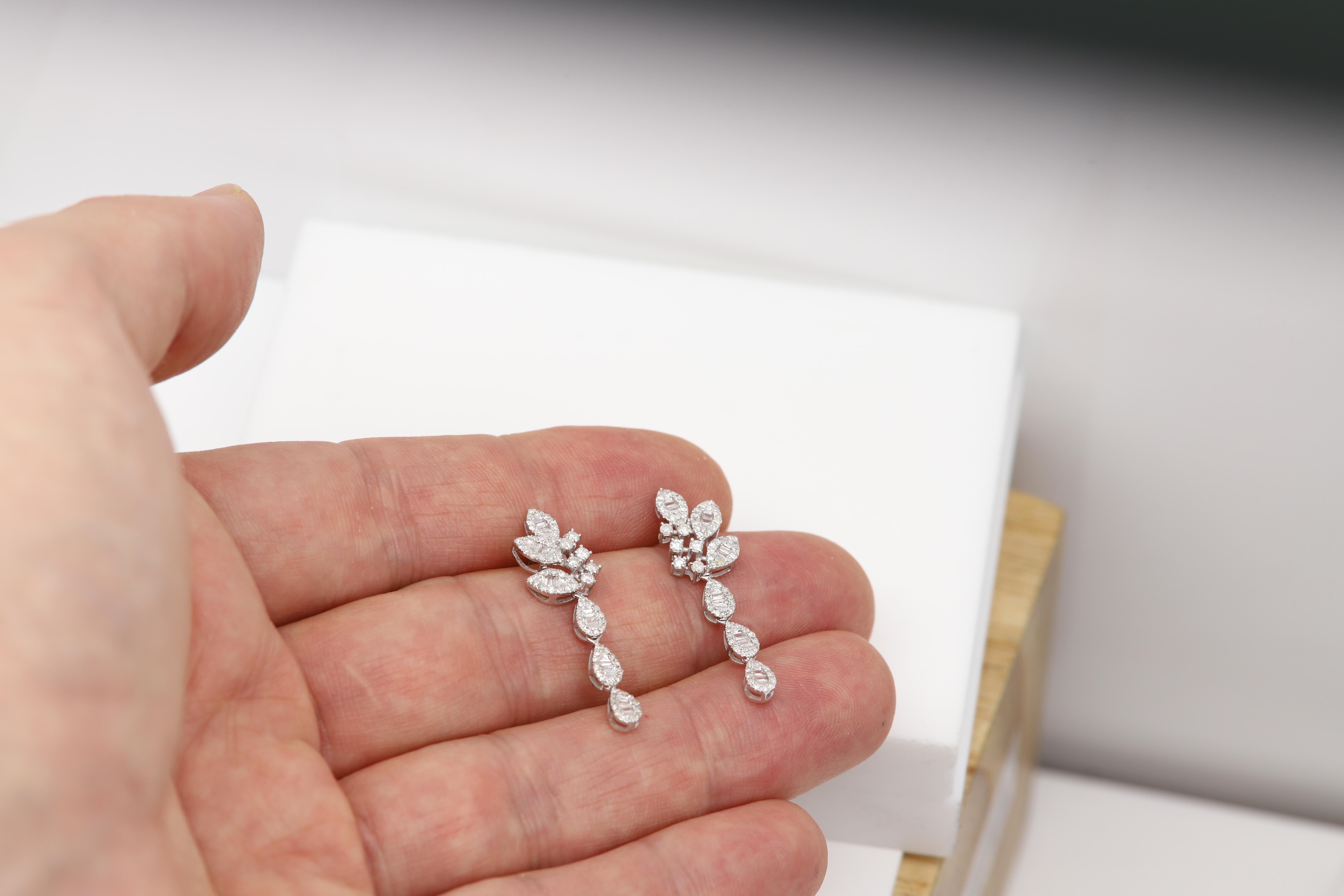 Lange Ohrringe mit Diamant-Ohrring aus echtem 14k Weißgold im Angebot 5