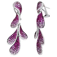 Dangle Diamond Pink Sapphire Flower White 18k Gold Earrings for Her