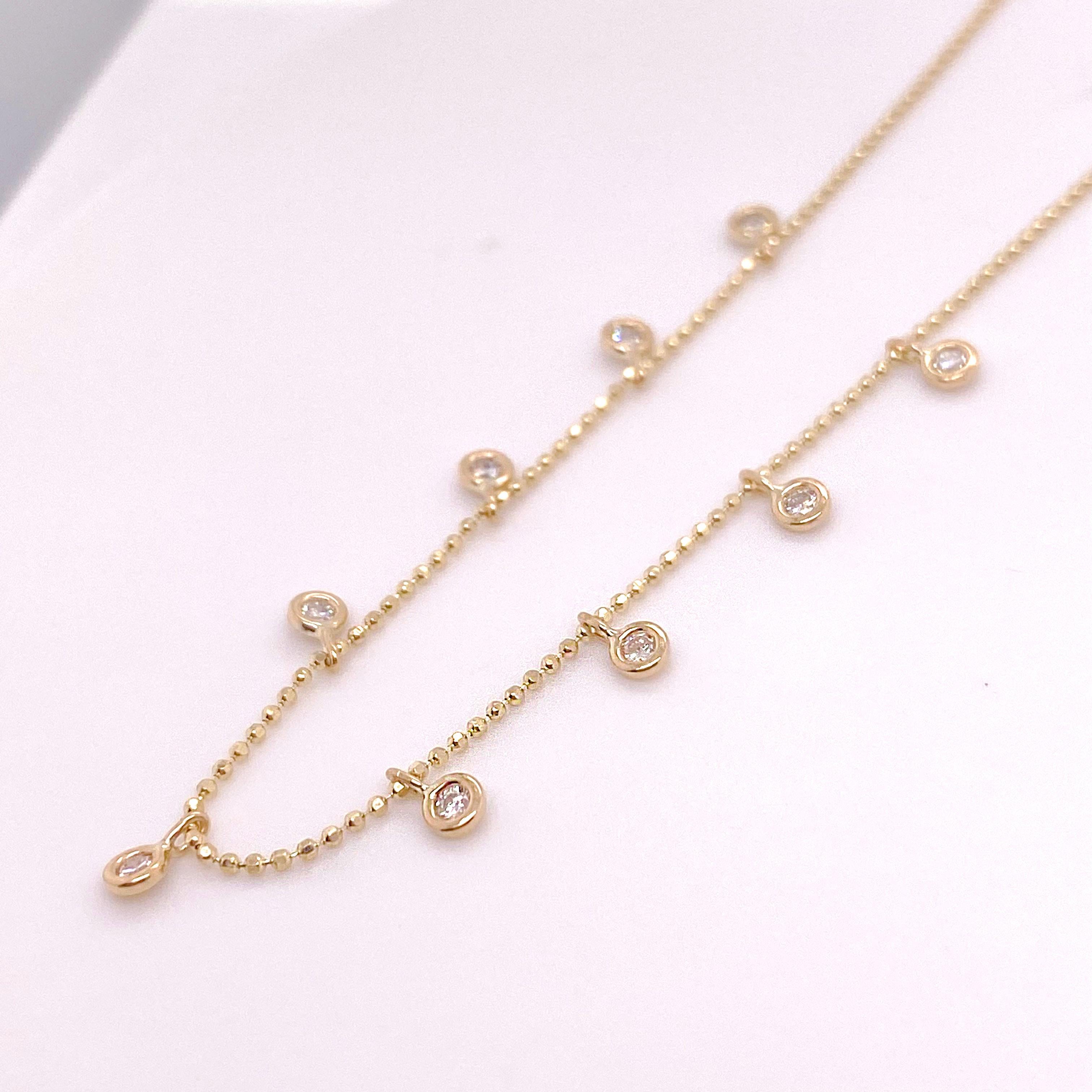 Contemporary Dangle Diamond Necklace, Yellow Gold Beaded .50 Ct Diamonds by the Yard Necklace For Sale