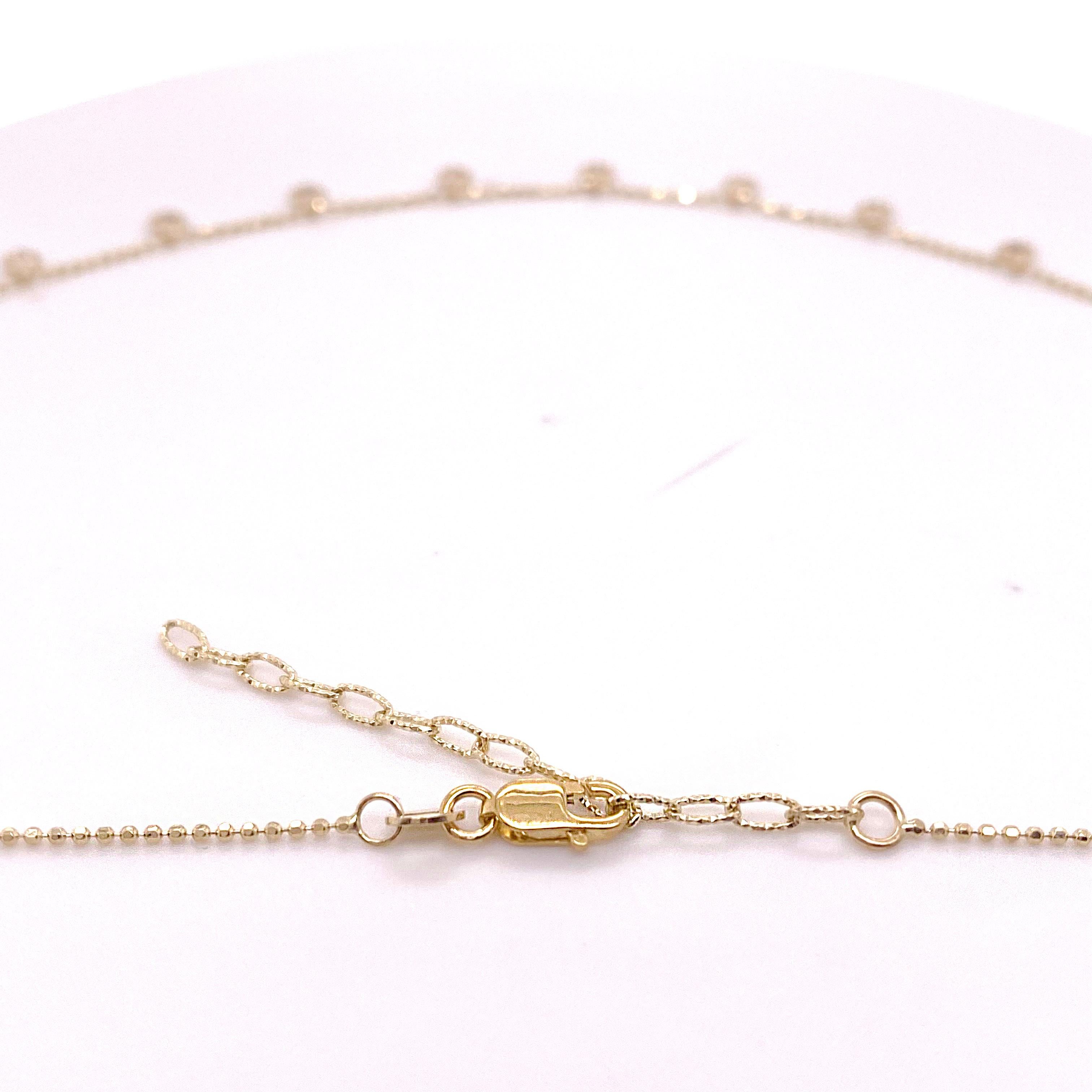 Round Cut Dangle Diamond Necklace, Yellow Gold Beaded .50 Ct Diamonds by the Yard Necklace For Sale