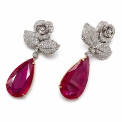 DANGLE DROP 30.00 Carat Ruby and Diamond Floral Drop Earrings in 18K White Gold