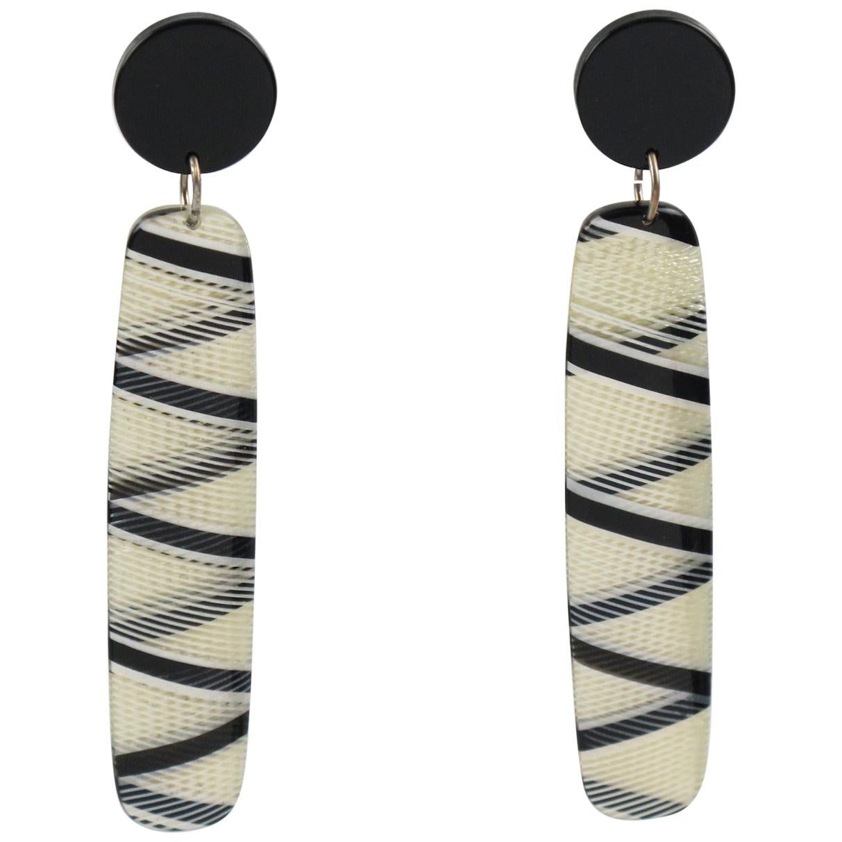 Dangle Drop Black and White Lucite Pierced Earrings