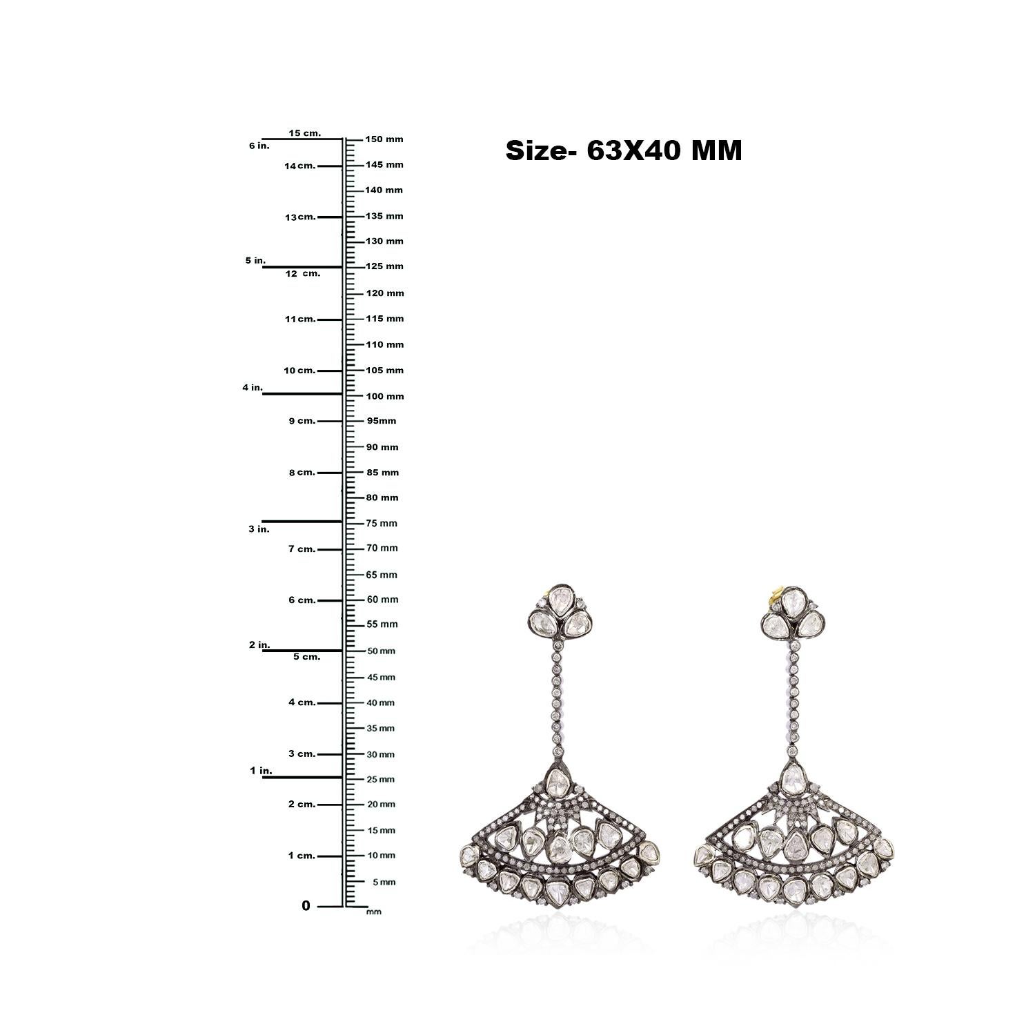 Victorian Fan Shape Dangle Drop Earrings with Pave Diamonds Made in 18k Gold & Silver For Sale
