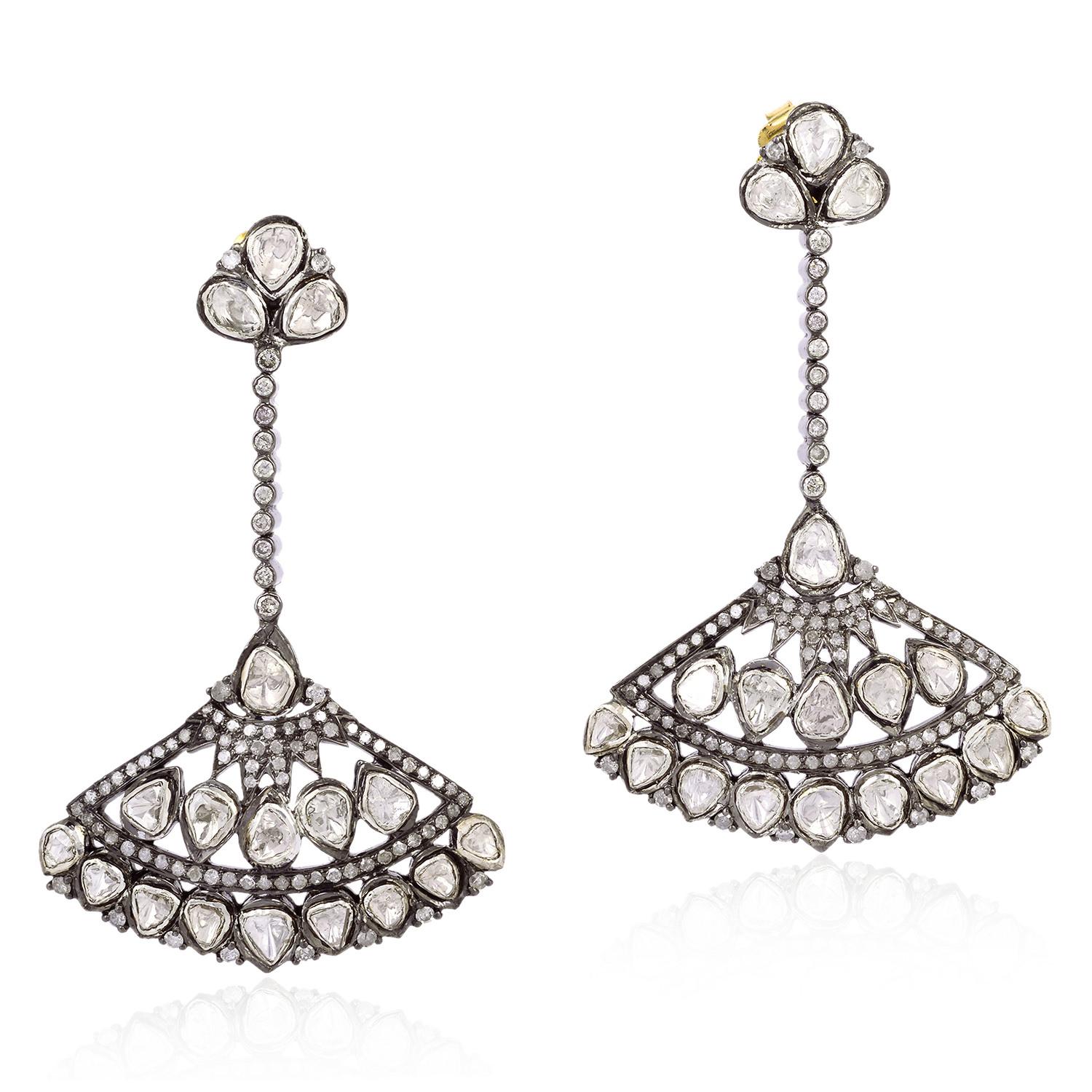 Rose Cut Fan Shape Dangle Drop Earrings with Pave Diamonds Made in 18k Gold & Silver For Sale