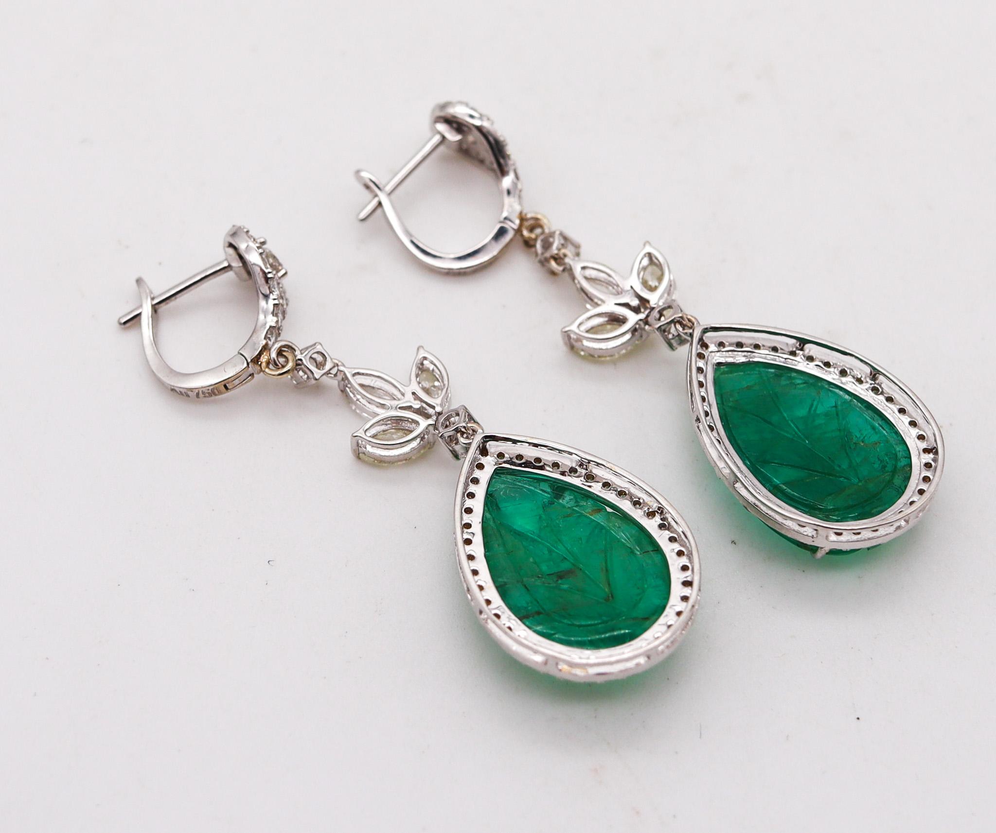 Women's Dangle Drop Earrings In 18Kt Gold With 20.68 Ctw In Diamonds And Carved Emeralds For Sale