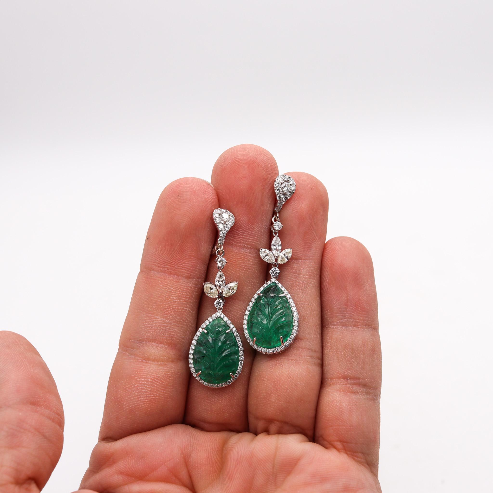 Dangle Drop Earrings In 18Kt Gold With 20.68 Ctw In Diamonds And Carved Emeralds For Sale 2